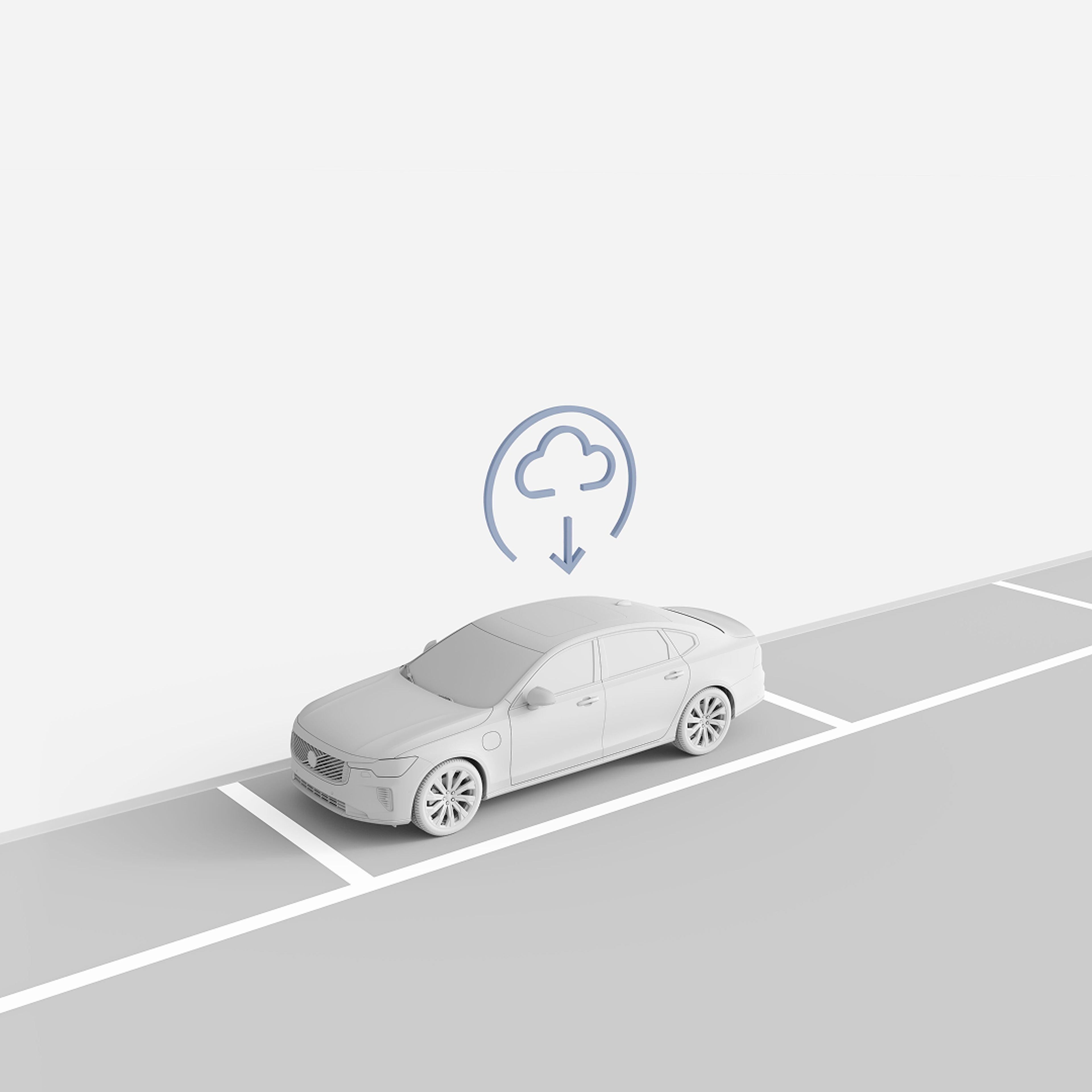 Illustration of the Volvo S90 in a parking spot, with a cloud icon representing over-the-air updates.