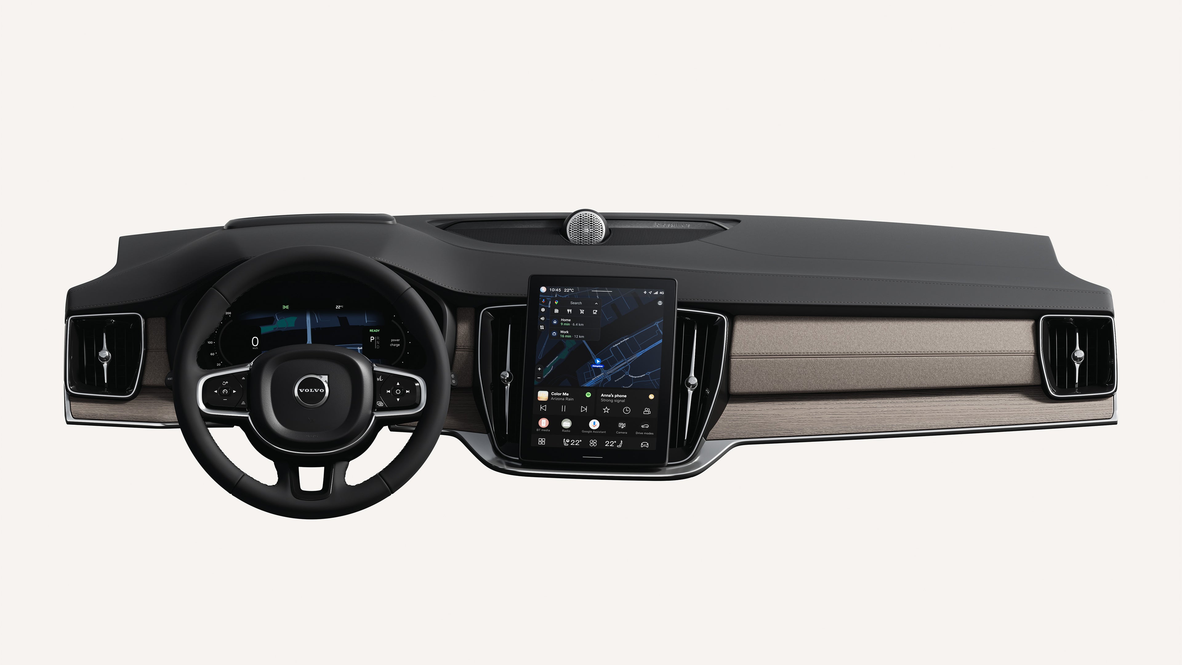 Interior view of the Volvo XC90 plug-in hybrid dashboard, including steering wheel and touchscreen.