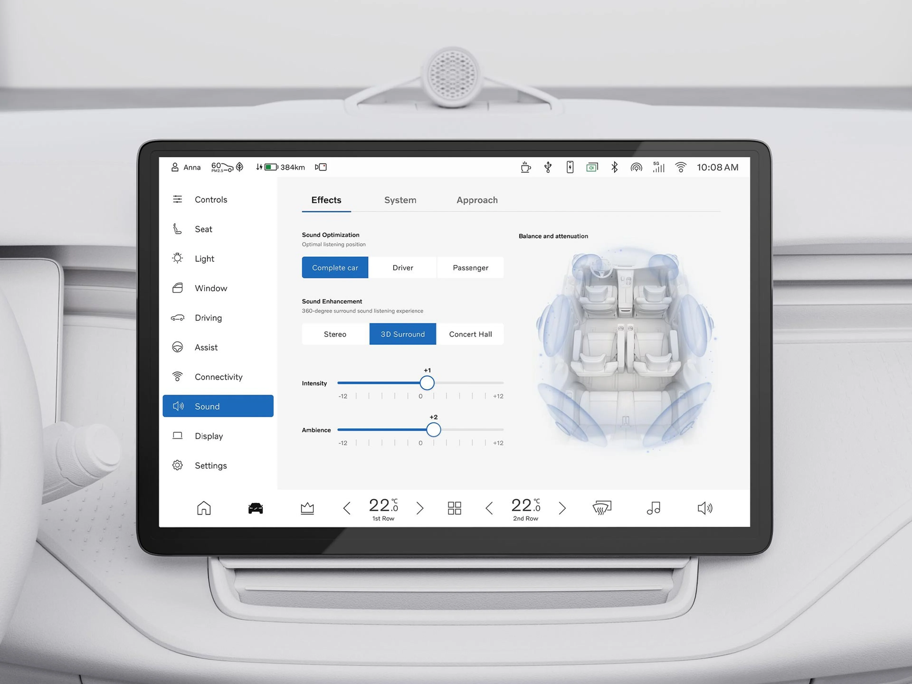 An image showing the user interface drivers and passengers can use to access Virtual Venues, part of the EM90 sound system.