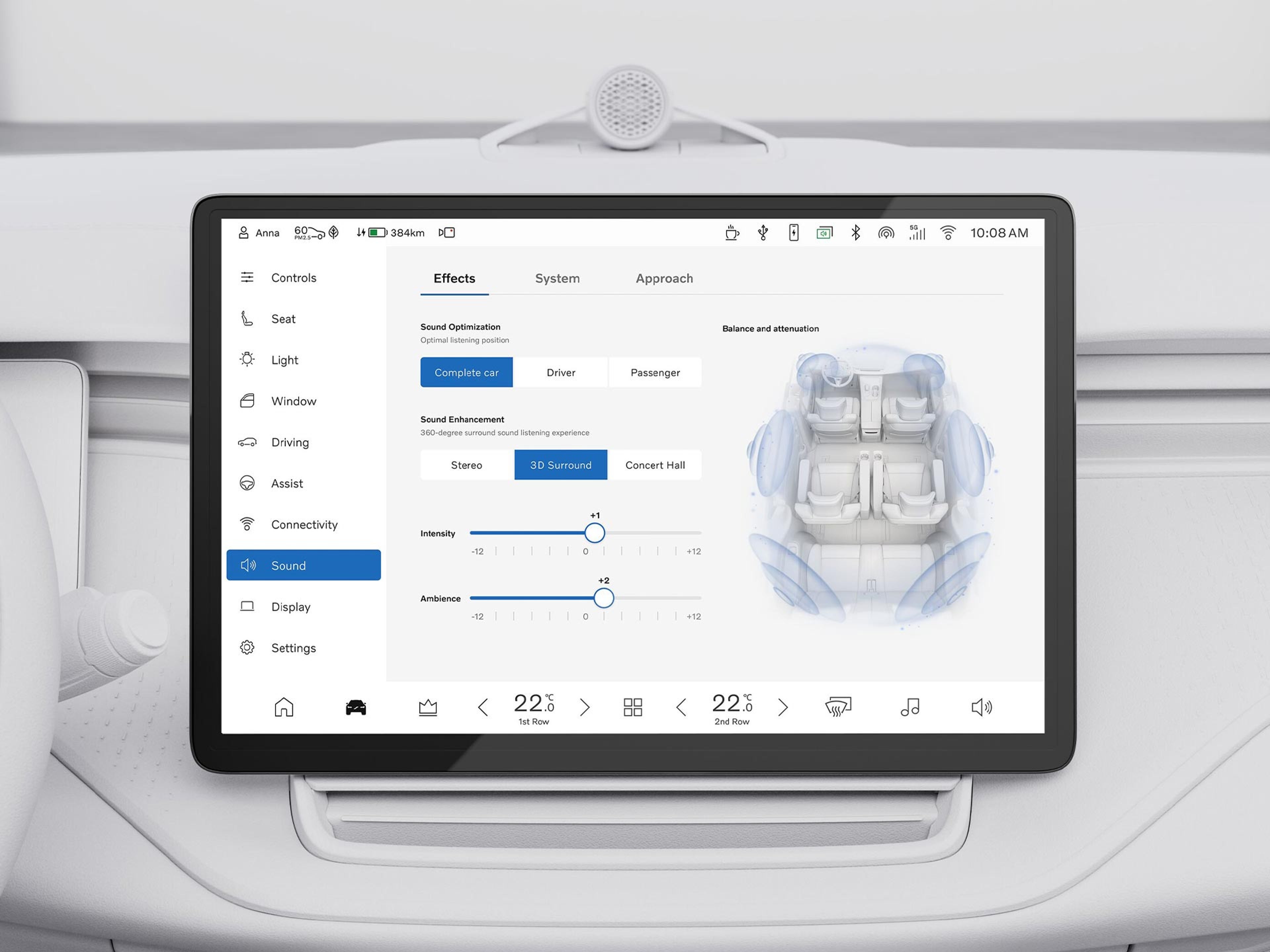An image showing the user interface drivers and passengers can use to access Virtual Venues, part of the EM90 sound system.