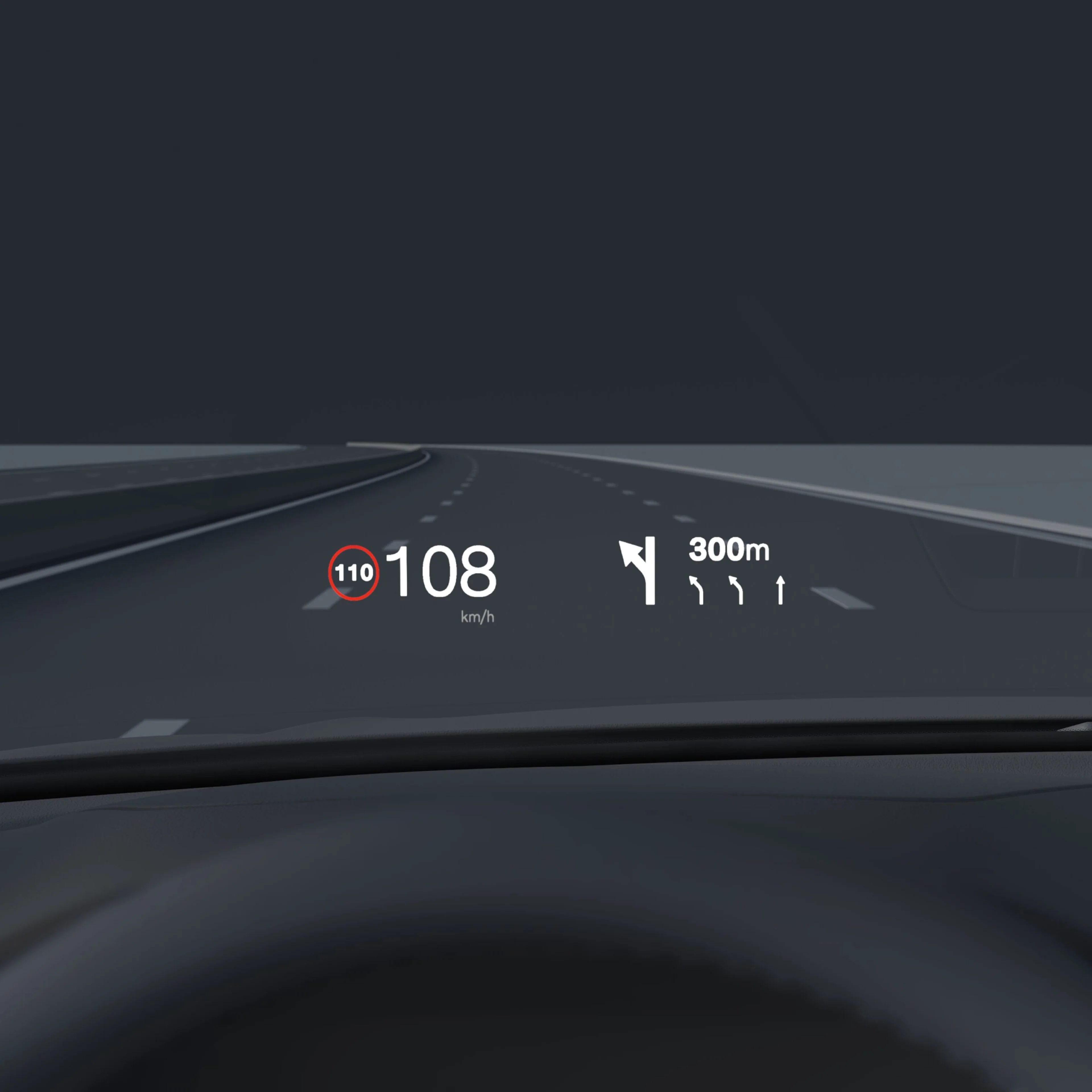 În interiorul unui Volvo, head-up display care arată viteza atinsă și navigarea pe parbriz.