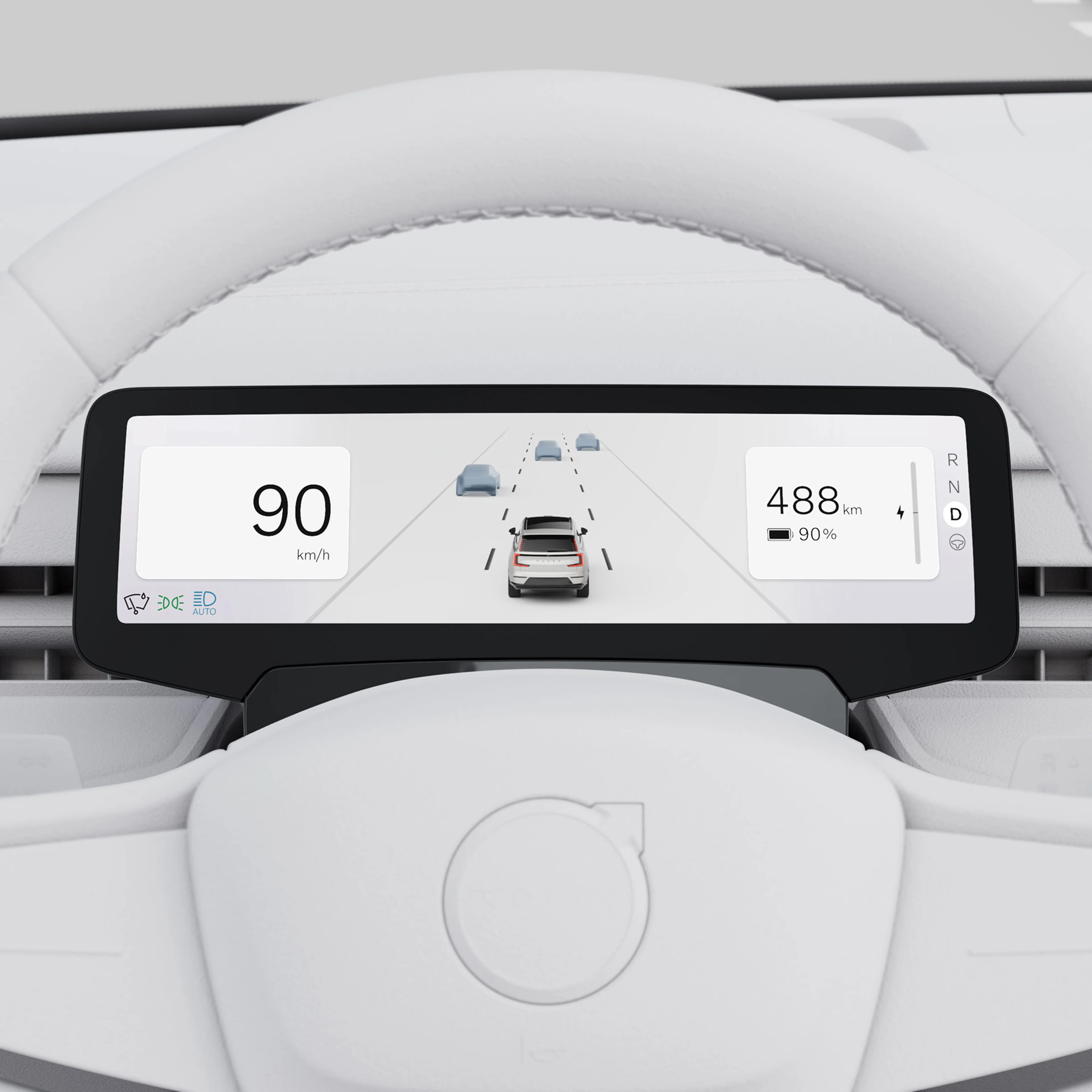 Förardisplay i Volvo EX90 som visar hastighet, räckvidd och körfältsassistans på en digital skärm.
