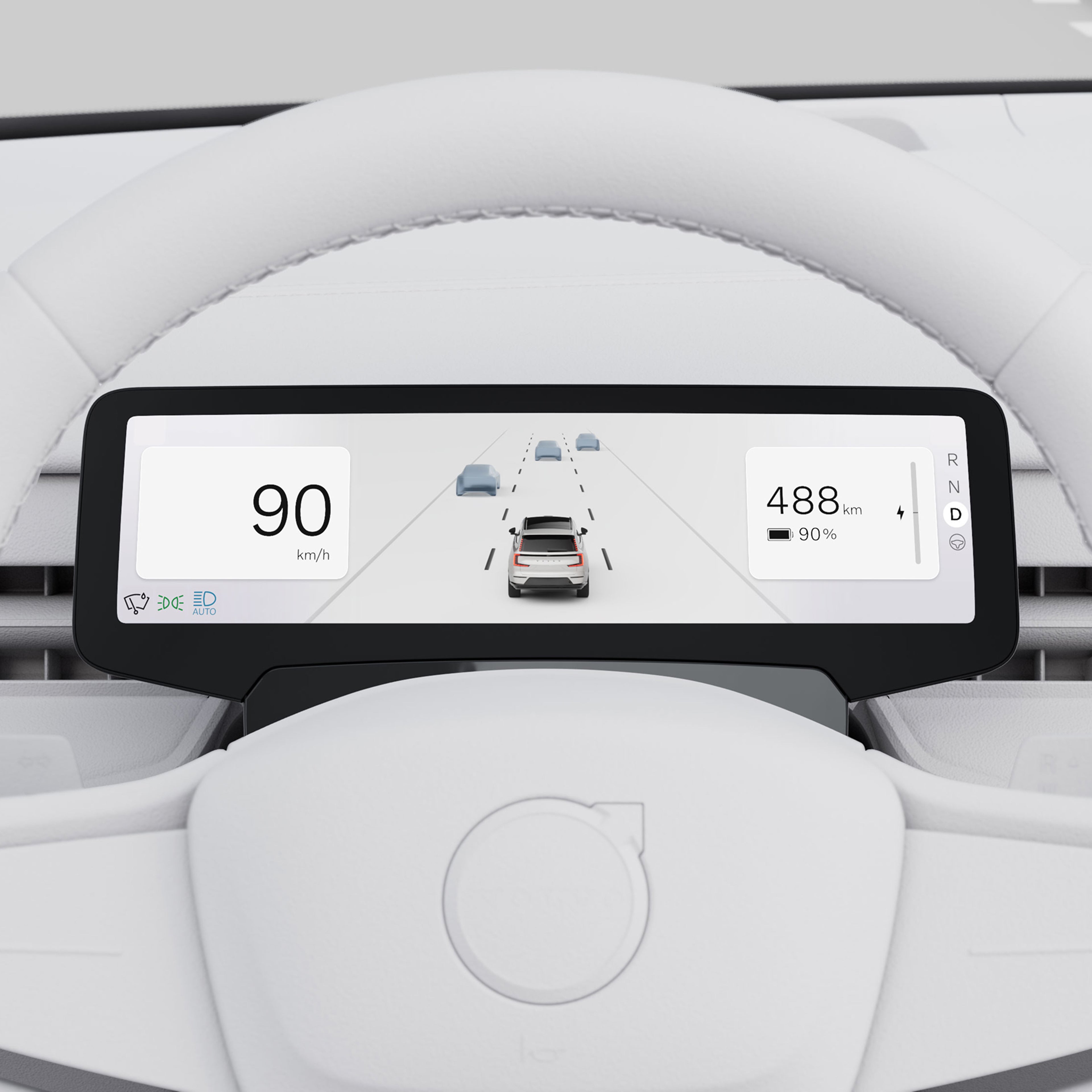 At-a-glance driver display in the Volvo EX90 showcasing speed, range, and lane assist on a digital screen.
