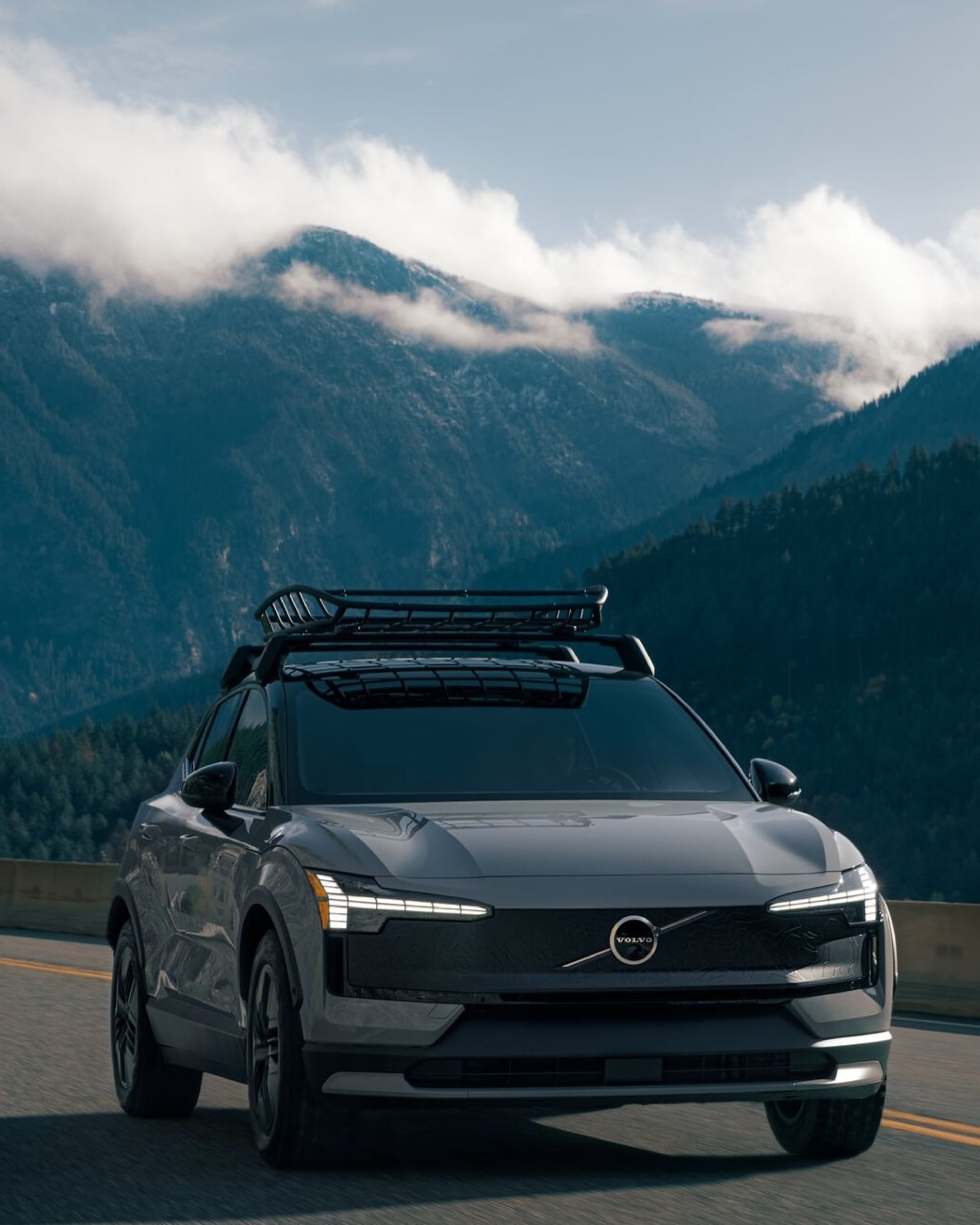 Volvo EX30 Cross Country driving on scenic road
