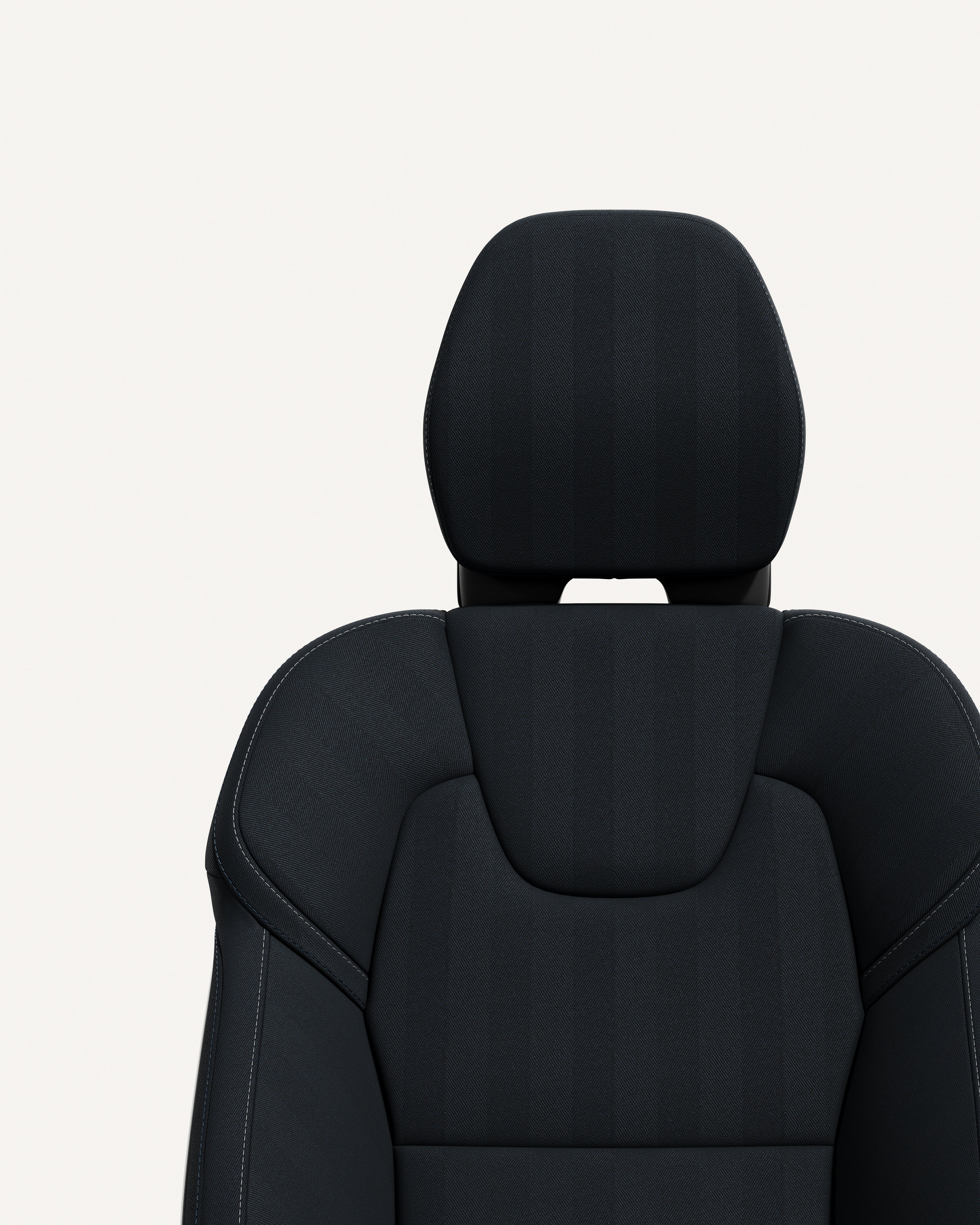 Close-up of the front seat navy upholstery in the Volvo S90.