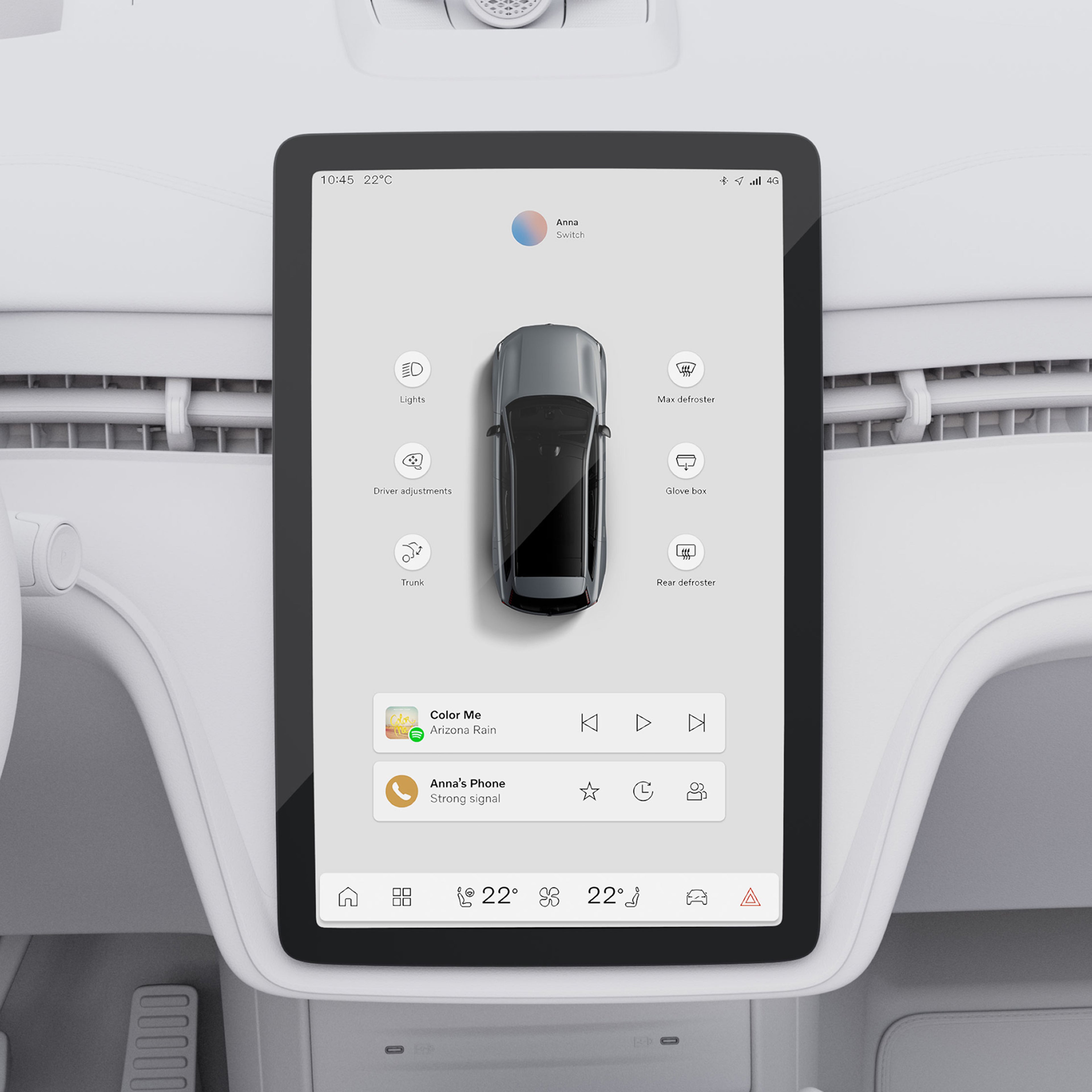 Free-standing centre display in the Volvo EX90 showcasing navigation, media, and controls on a sleek touchscreen.