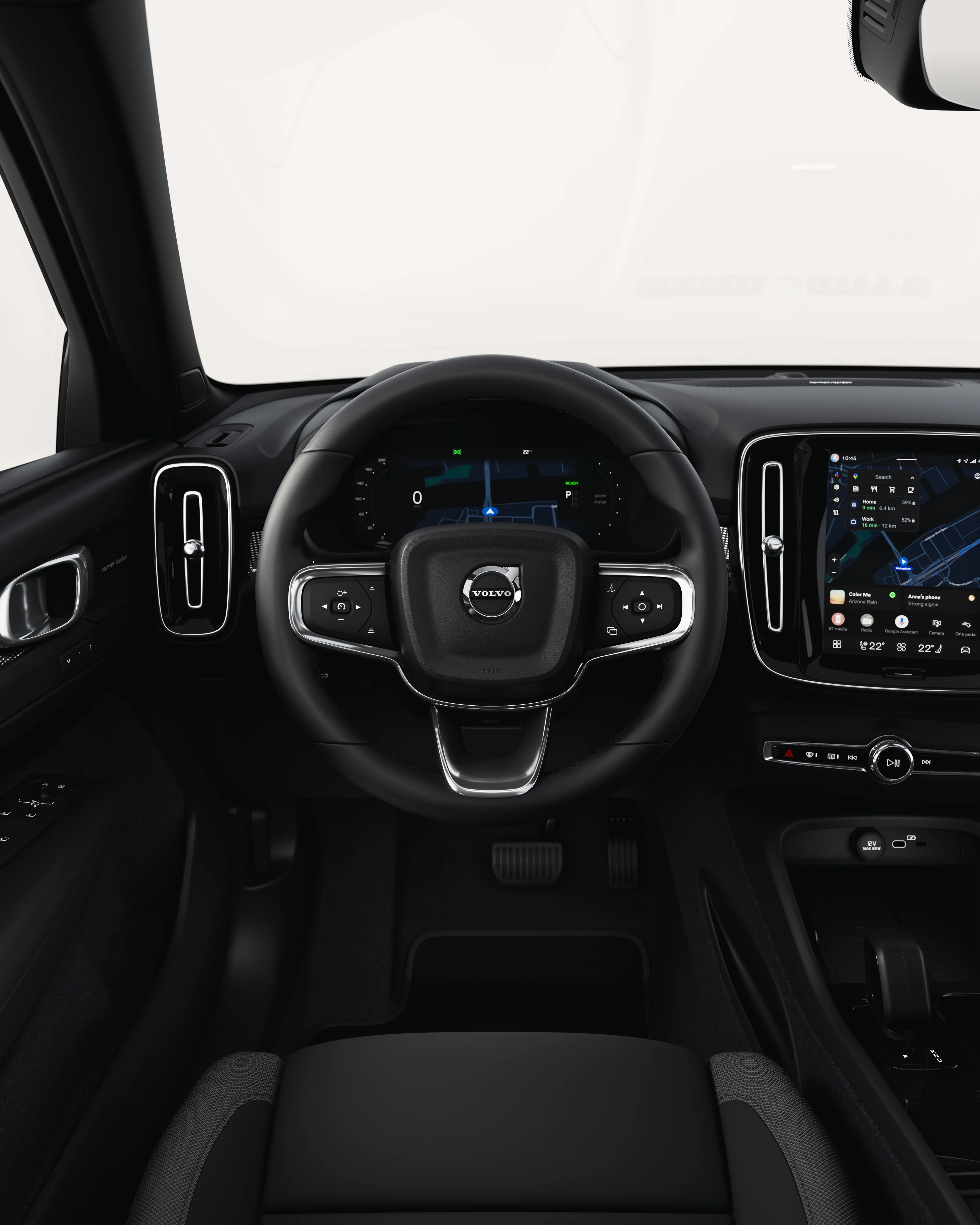 Central touchscreen displaying navigation and media controls in the Volvo EX40.