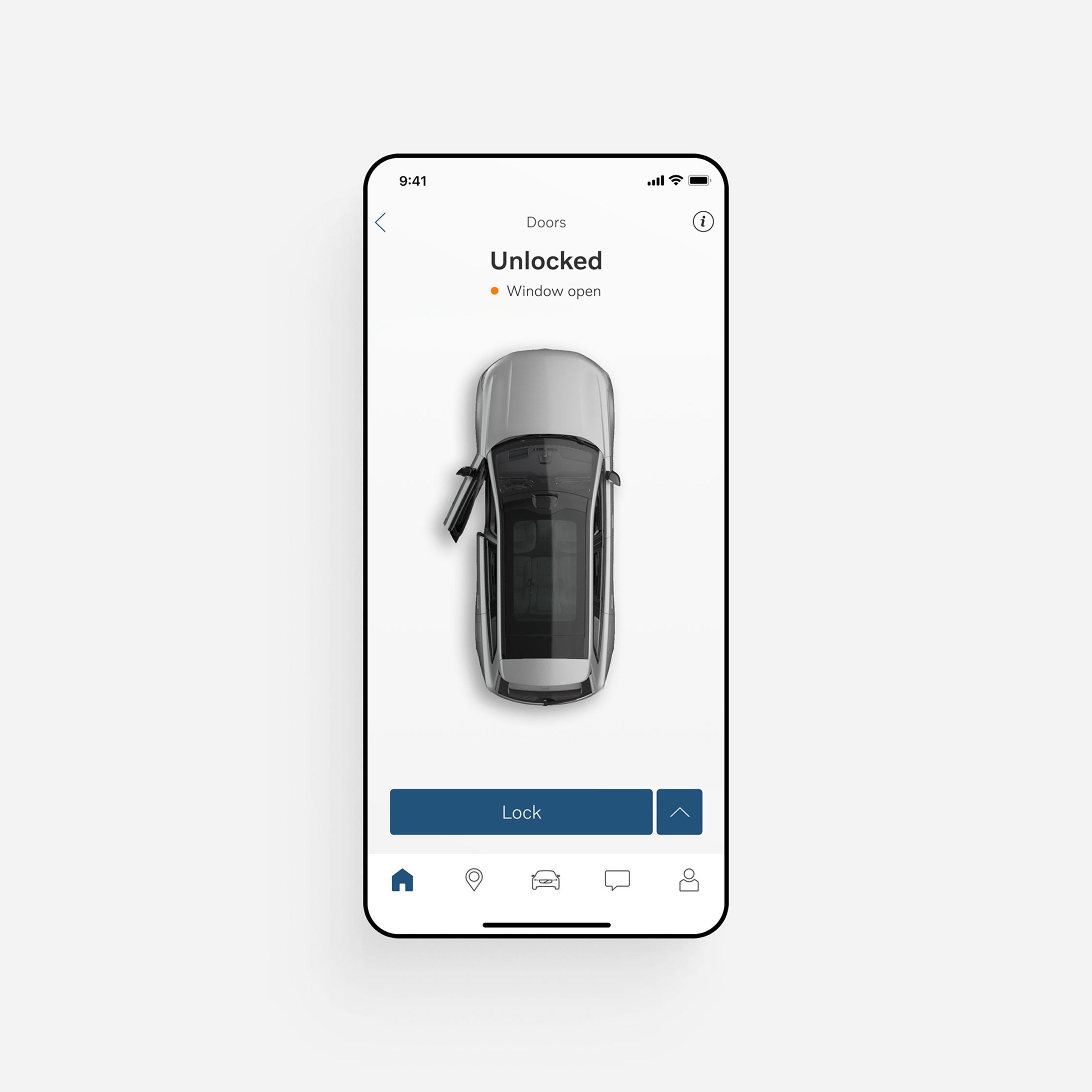 Mobile phone screen displaying the Volvo EX90 app, showing the car status with an unlocked door and open window.