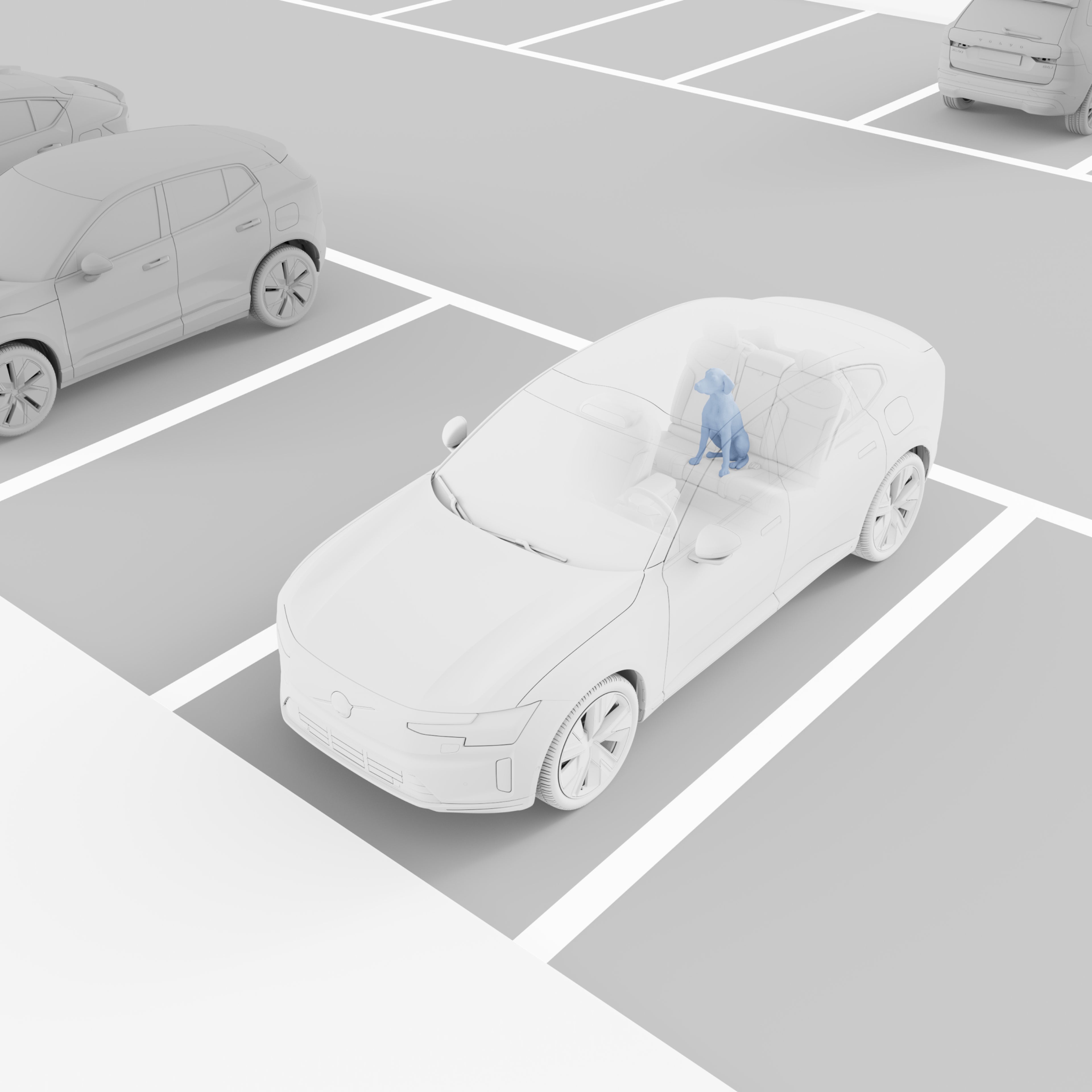 Gerenderde weergave van de Volvo ES90, met een blauw gemarkeerde hondenfiguur in het interieur, die het 'Occupant Sensing'-systeem demonstreert.