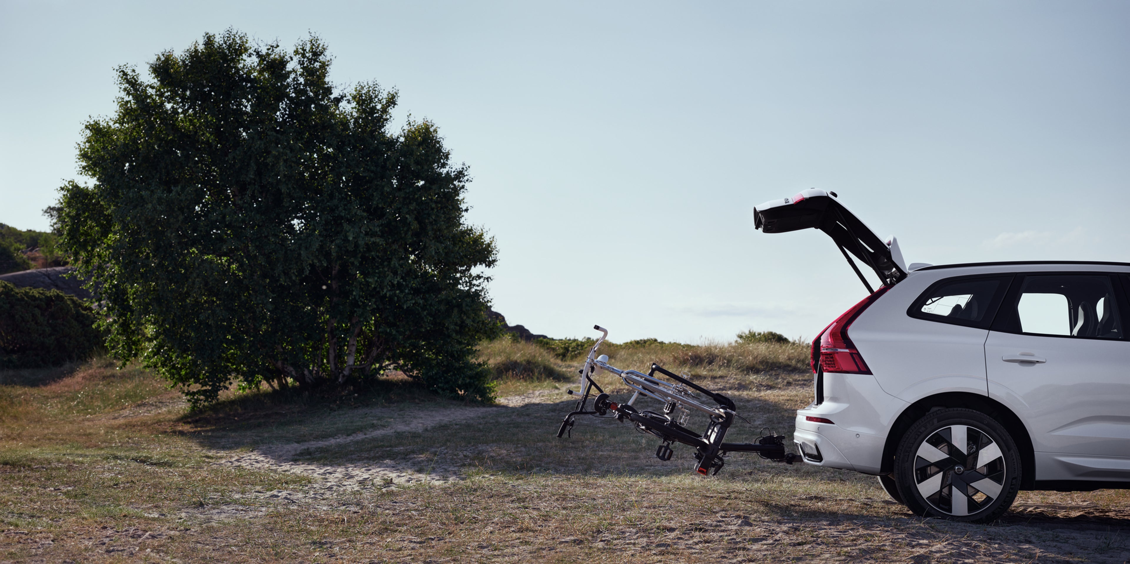 一輛 XC60 開著後車門,在草地上。