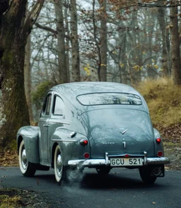 Heckansicht eines Volvo PV444 im Vintage-Stil mit legendärem abgerundetem Kofferraum und Rückleuchten.