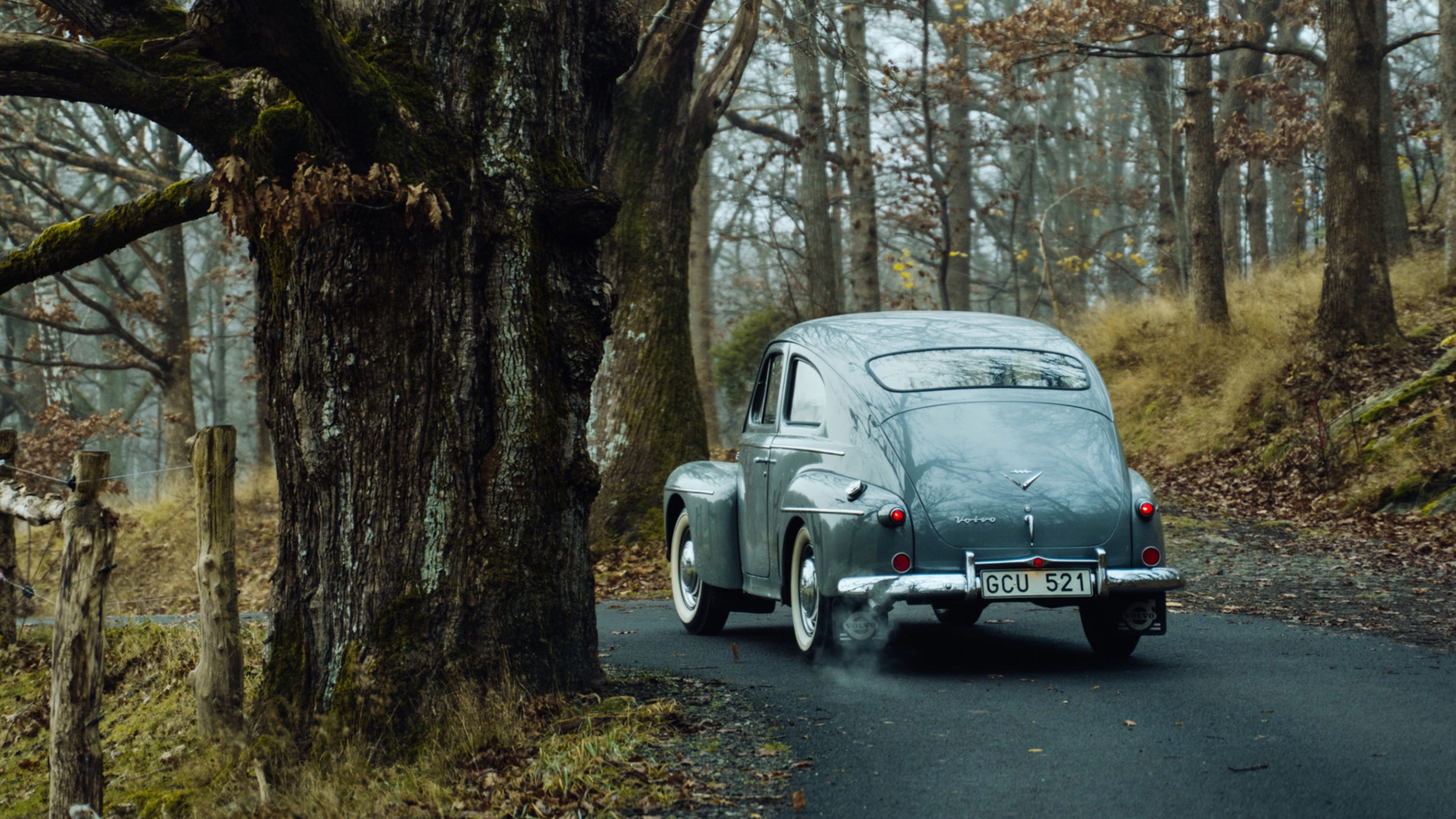 Ретро Volvo PV444 поглед одзади на кој се прикажани неговиот легендарен заоблен багажник и задни светла.