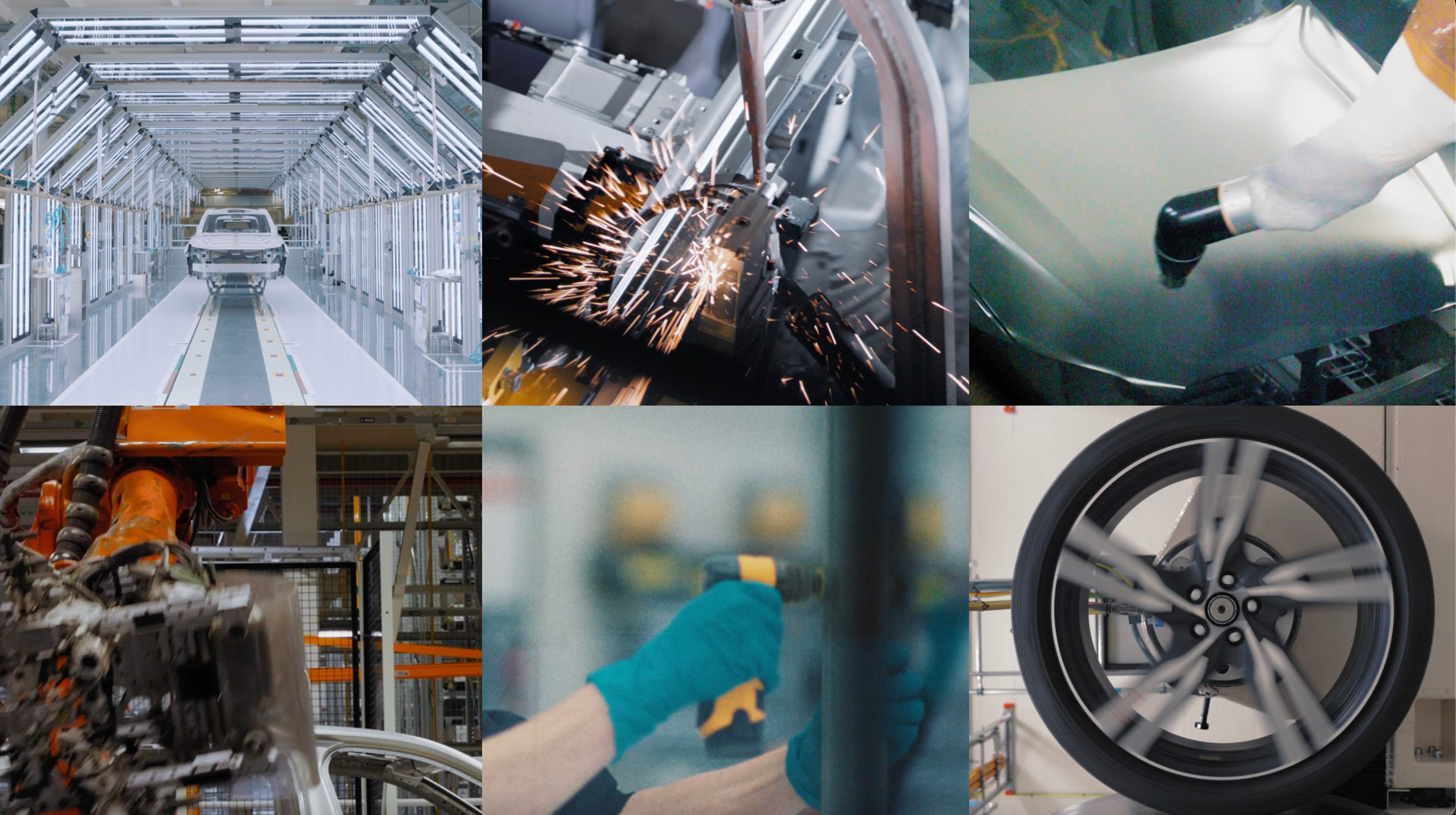 Enam foto berbeda yang menunjukkan pekerjaan di pabrik produksi Volvo