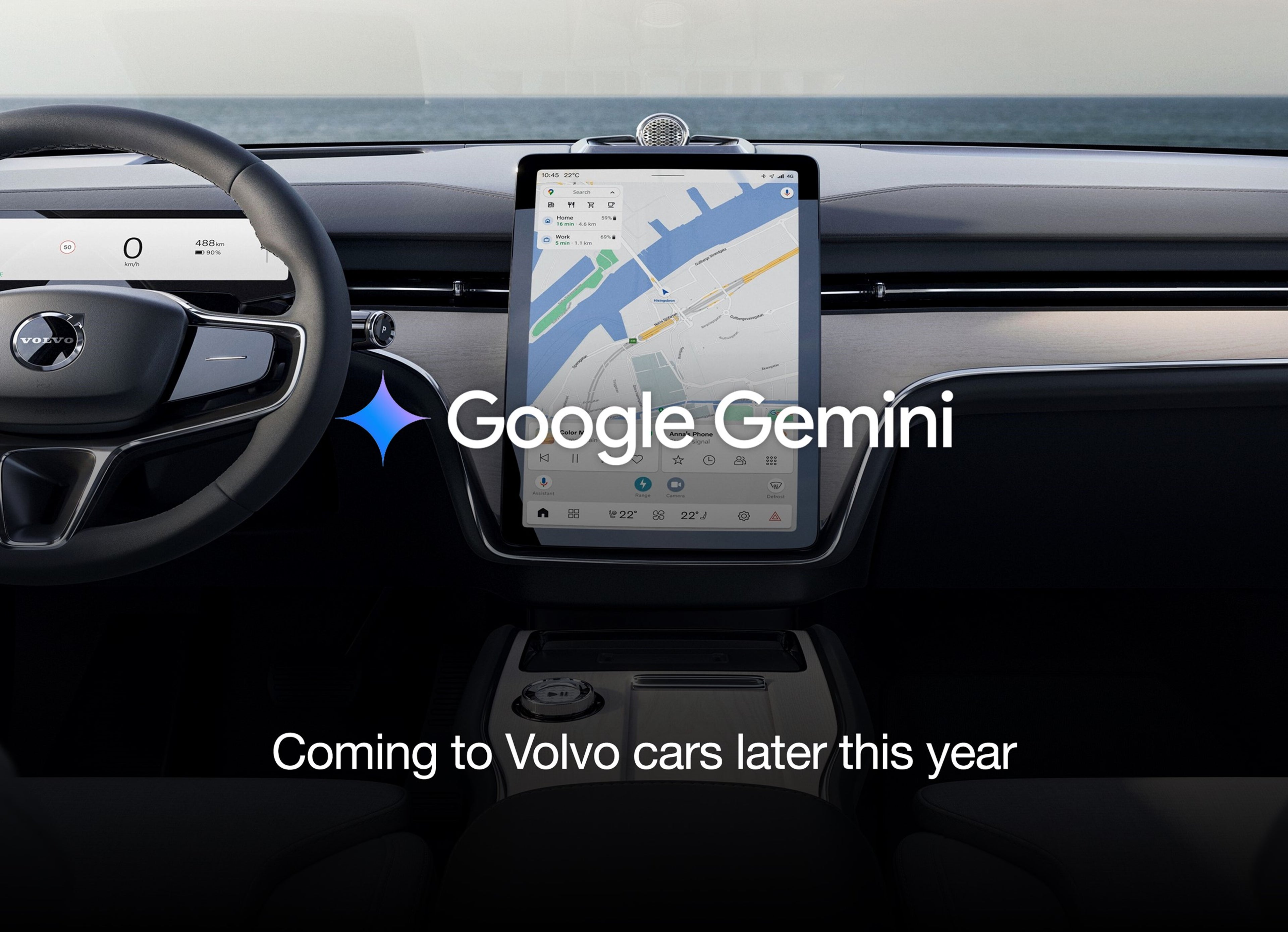 Imagem do interior de um volvo, com foco no tablet central. Com a Frase Google Gemini, coming to Volvo Cars later this year".