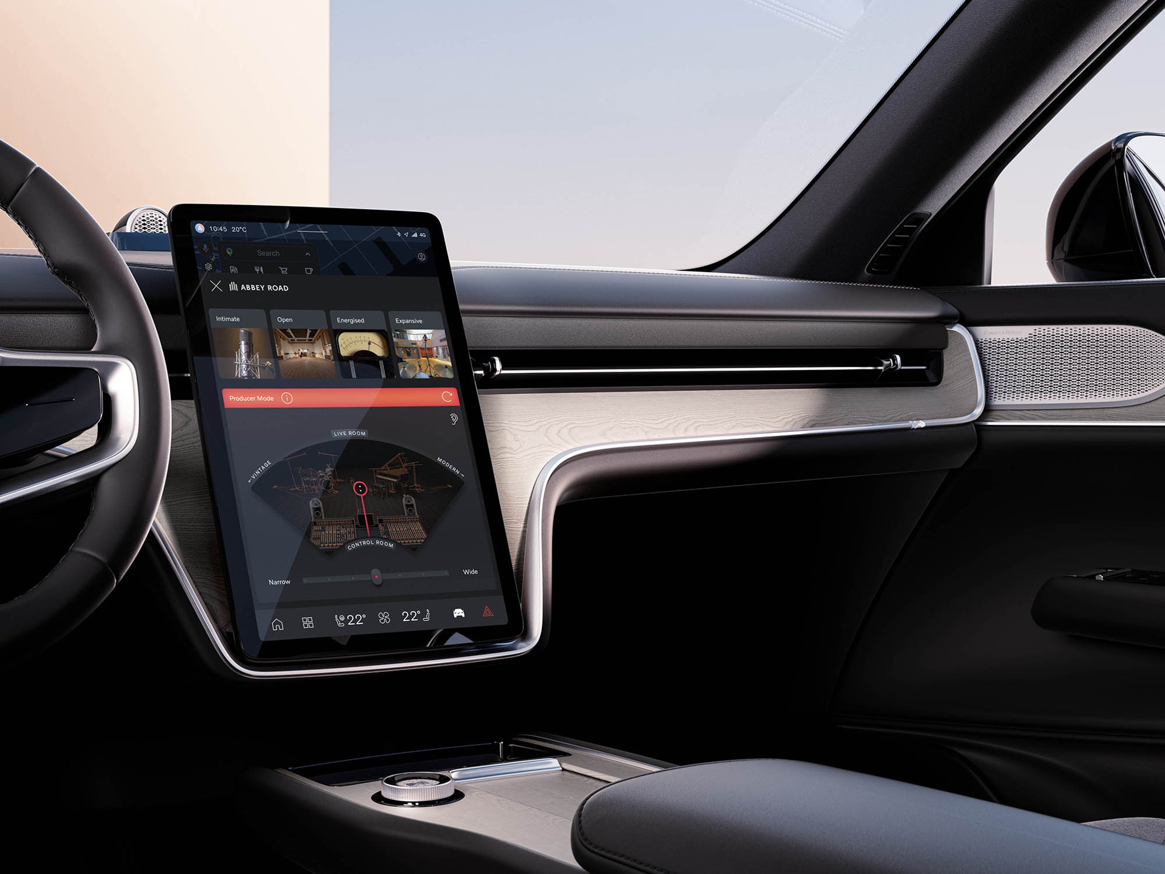 Modaliteti Abbey Road Studios shfaqet në ekranin qendror të një Volvo EX90 SUV.
