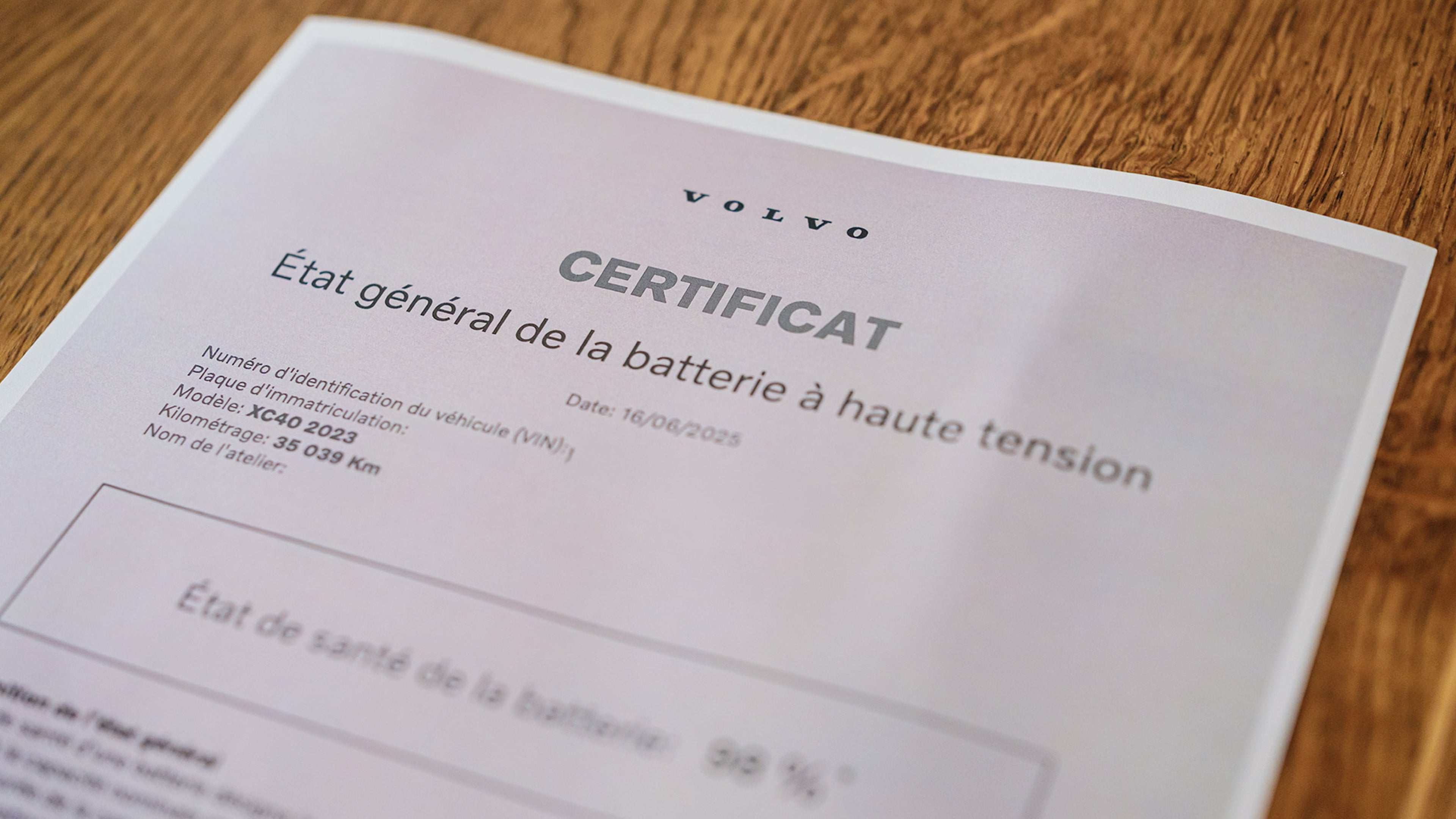 Example d'un certificat état général de la batterie à haute tension