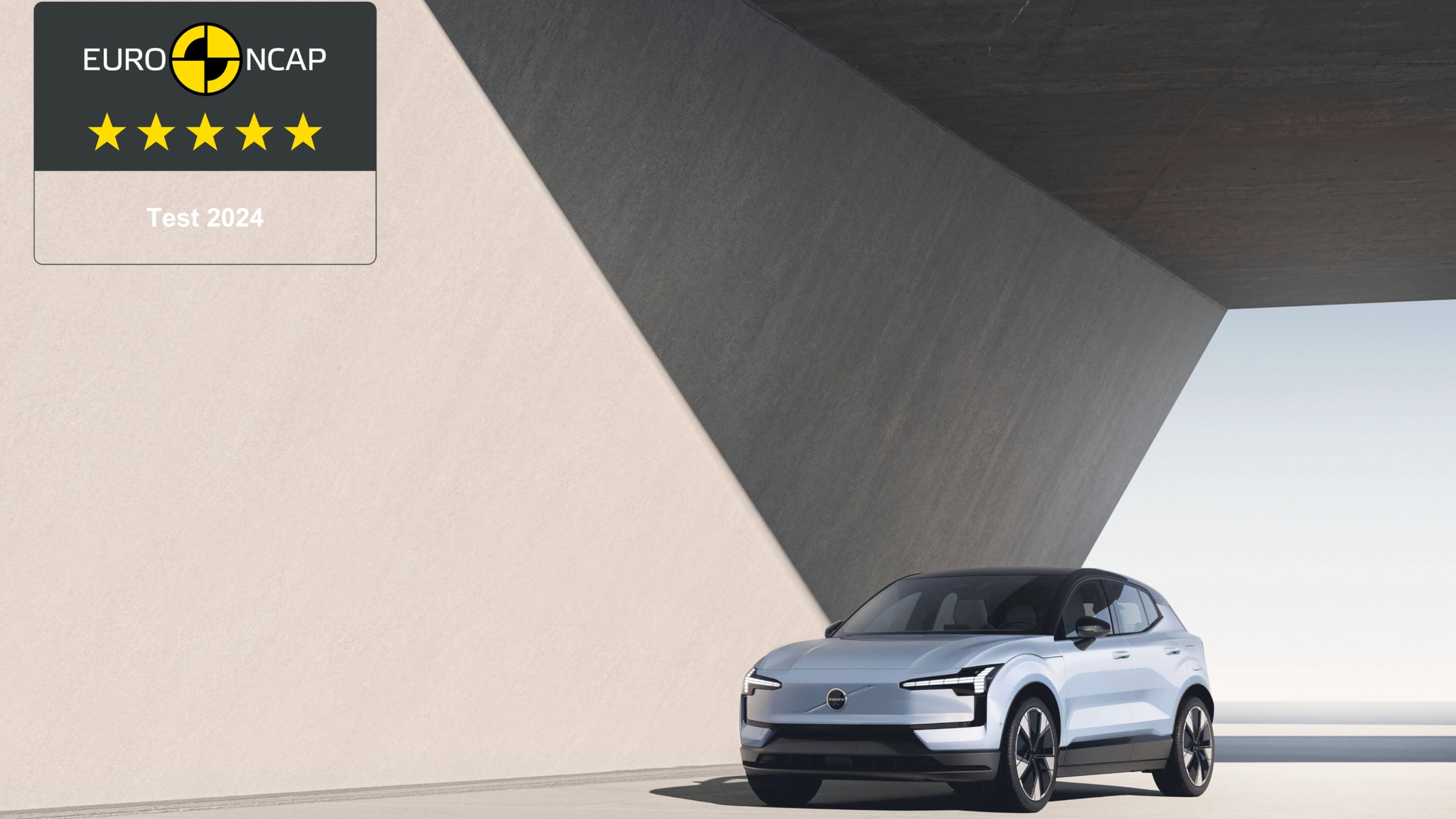 EX30 azul junto a uma parece de betao