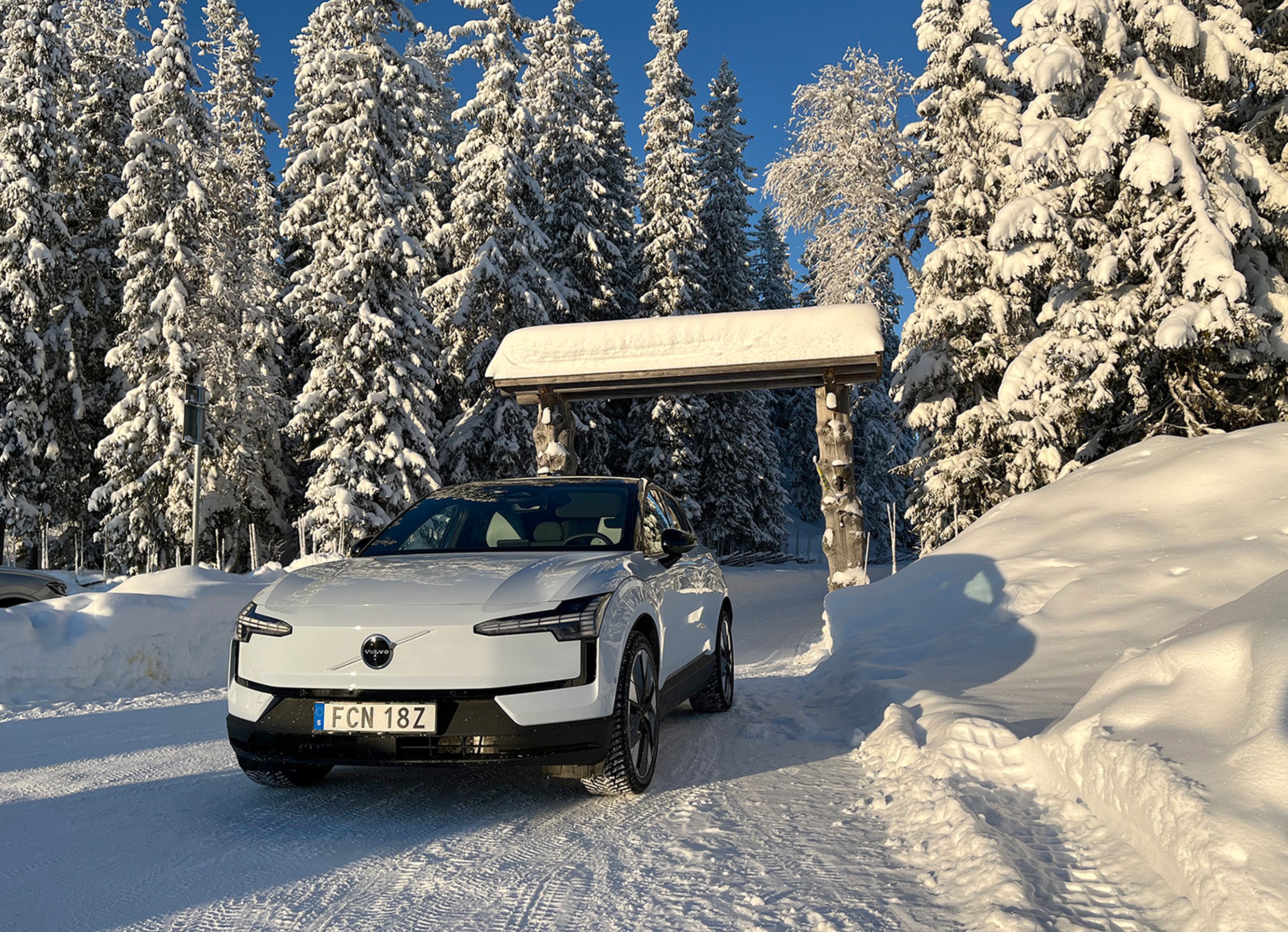 Volvo EX30 on snow packed road