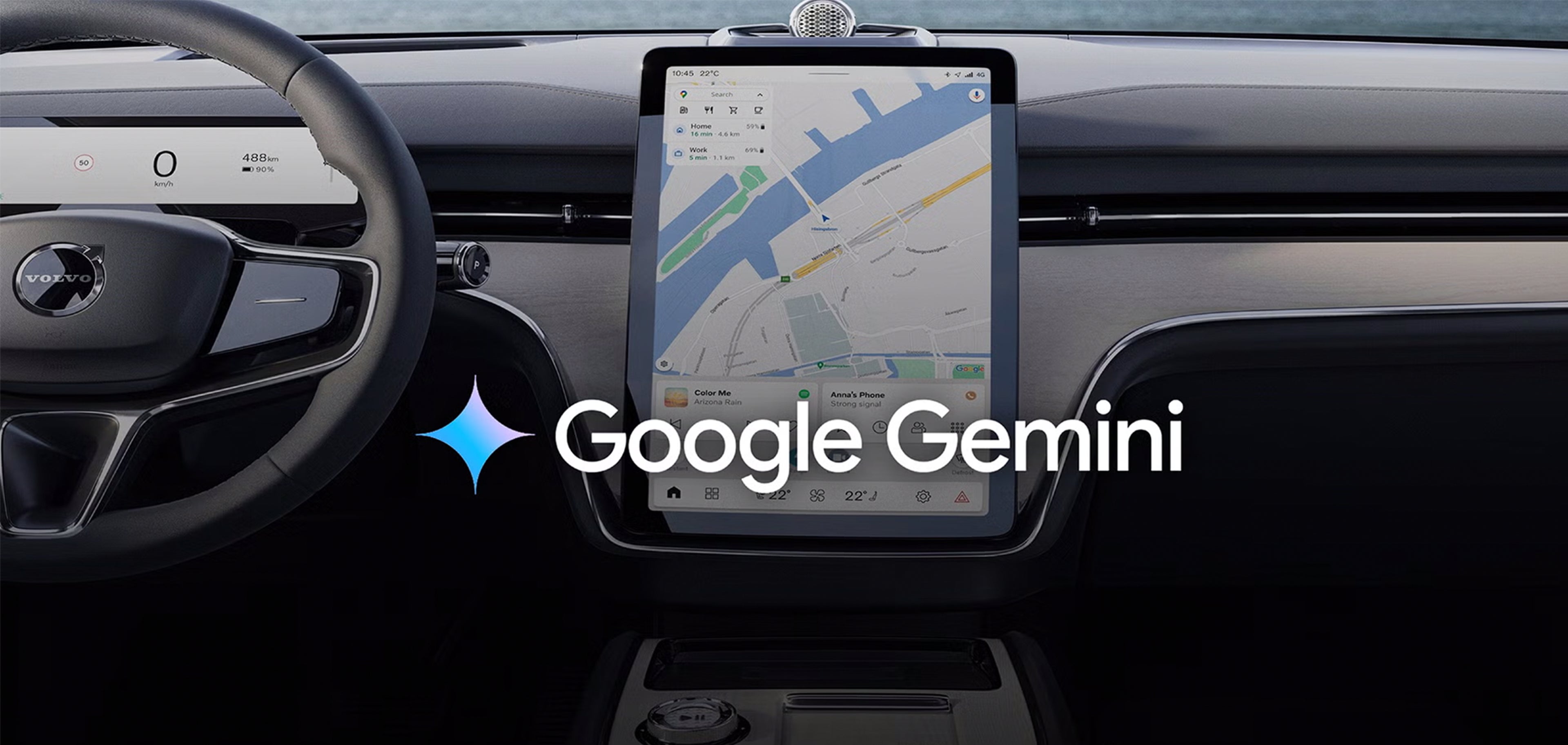 Intérieur d’une voiture Volvo avec l’IA Google Gemini affichée sur l’écran central du système d’infodivertissement, mettant en avant la navigation avancée et l’intégration d’un assistant intelligent.