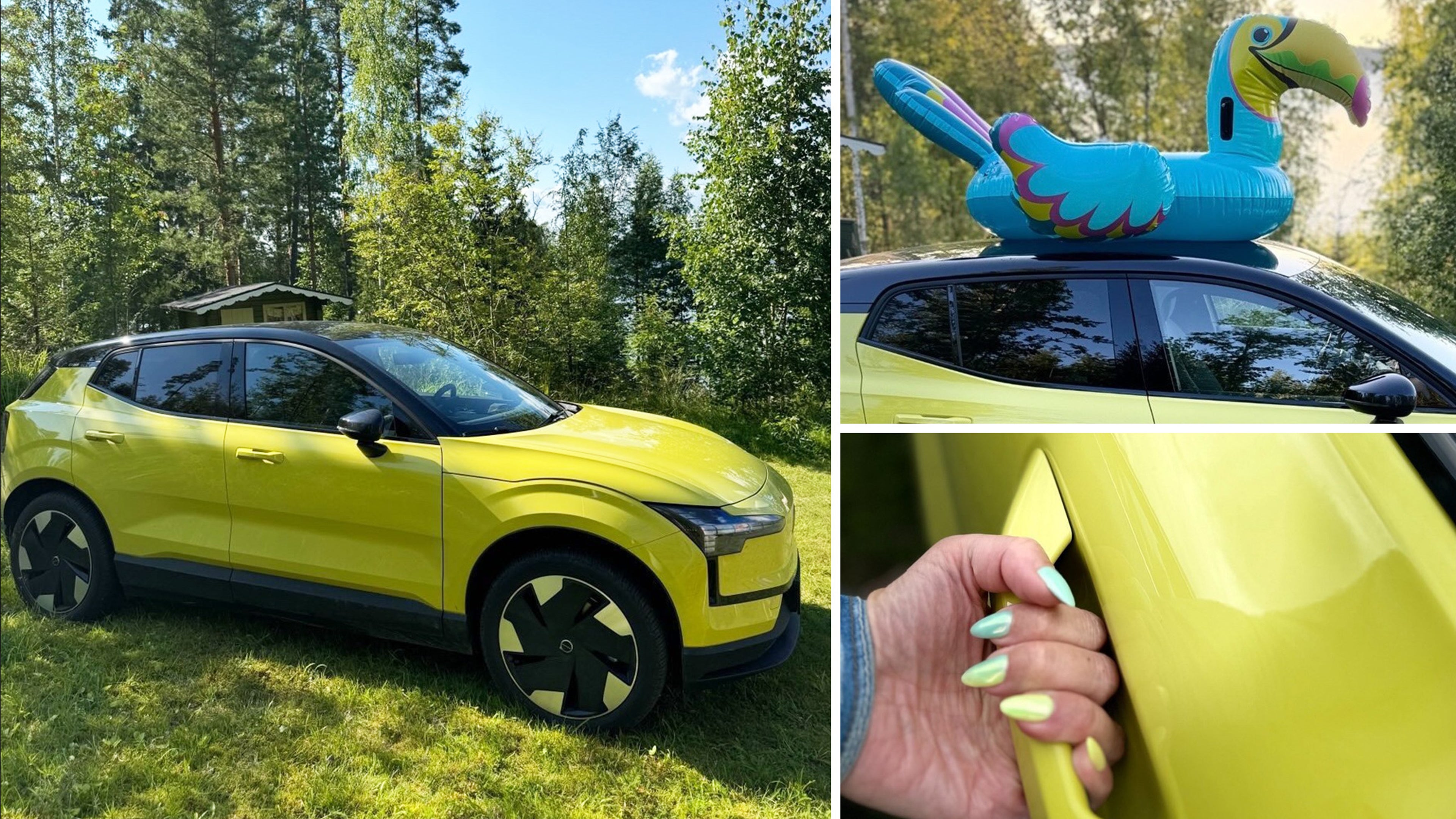 Kuvakollaasi, jossa on Moss Yellow -värinen Volvo EX30 pysäköitynä vehreään pihaan, uimalelu aseteltuna auton katolle ja lähikuva auton kanssa sävy sävyyn maalatuista kynsistä.