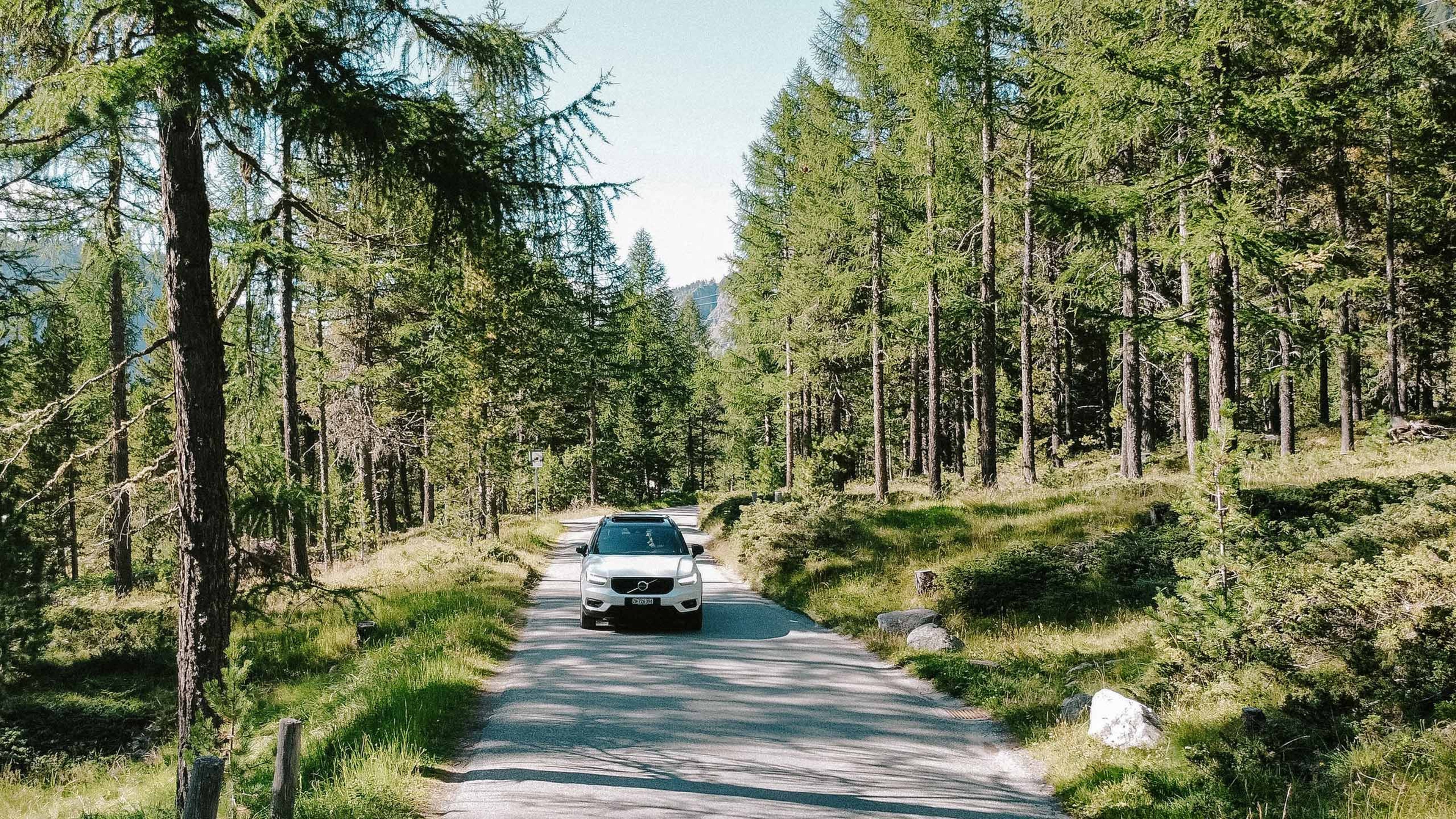Ein Volvo XC40 fährt über eine Strasse im Wald