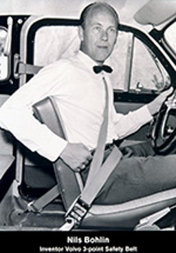 Nils Bohlin, duduk di dalam mobil mendemonstrasikan sabuk pengaman 3 titik.