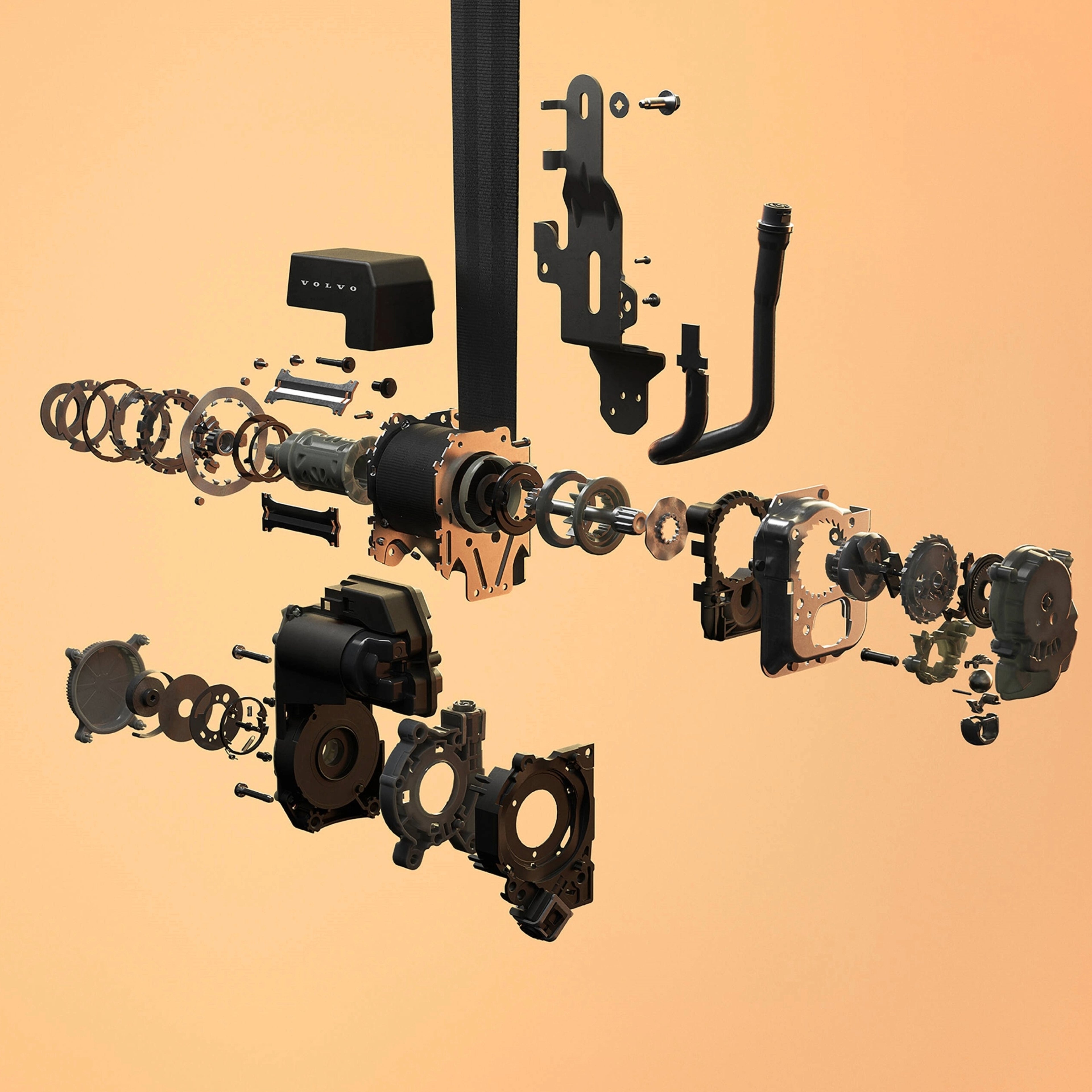 Componentes do cinto de segurança adaptativo separados, num fundo cor de laranja