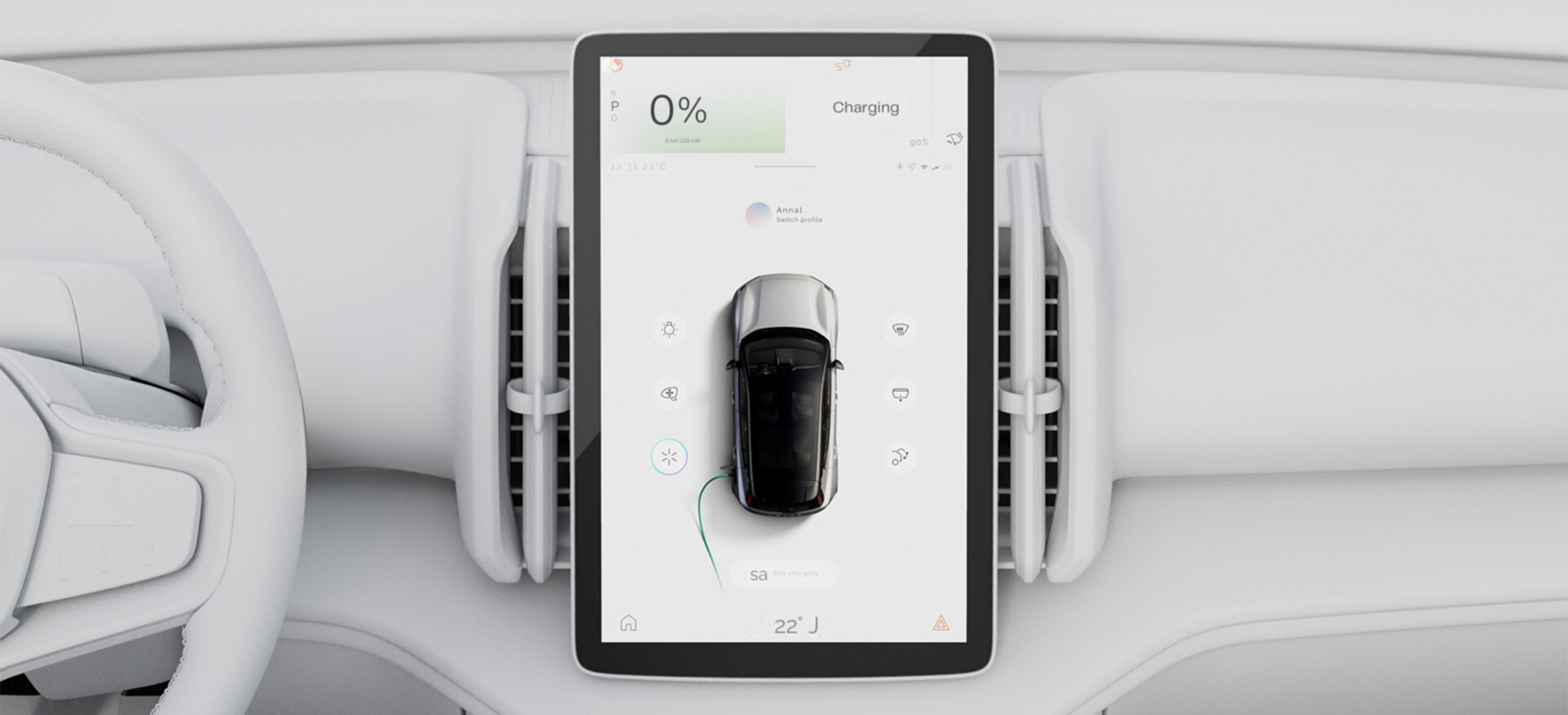 Ein Volvo Boardcomputer mit der Anzeige 0 Prozent Akku
