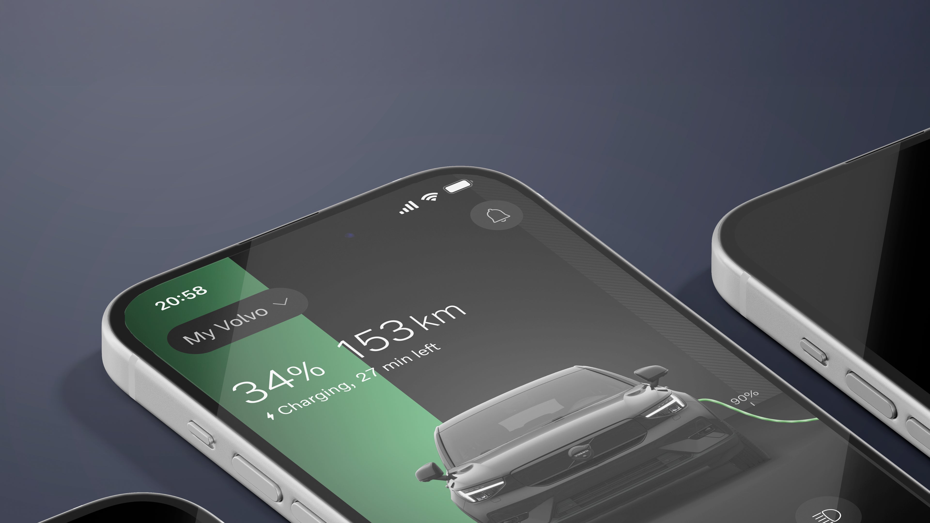 Upgraded Volvo Cars app showcasing redesigned home screen with climate control, charging status, and digital key features for a smarter driving experience.