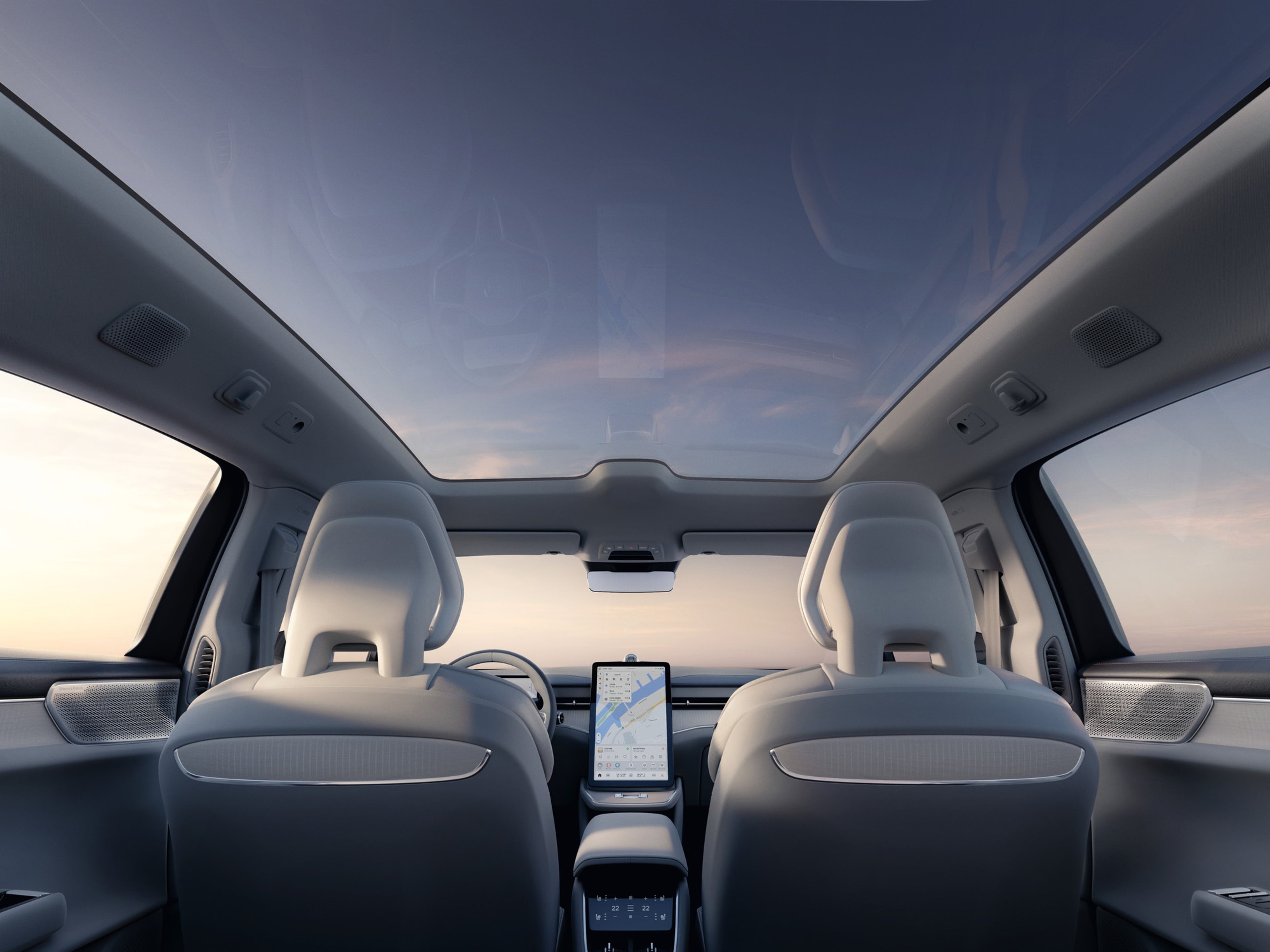 Volvo ES90 with panoroof and dawn room with Dawn ventilated Nordico upholstery, Light Ash decor.