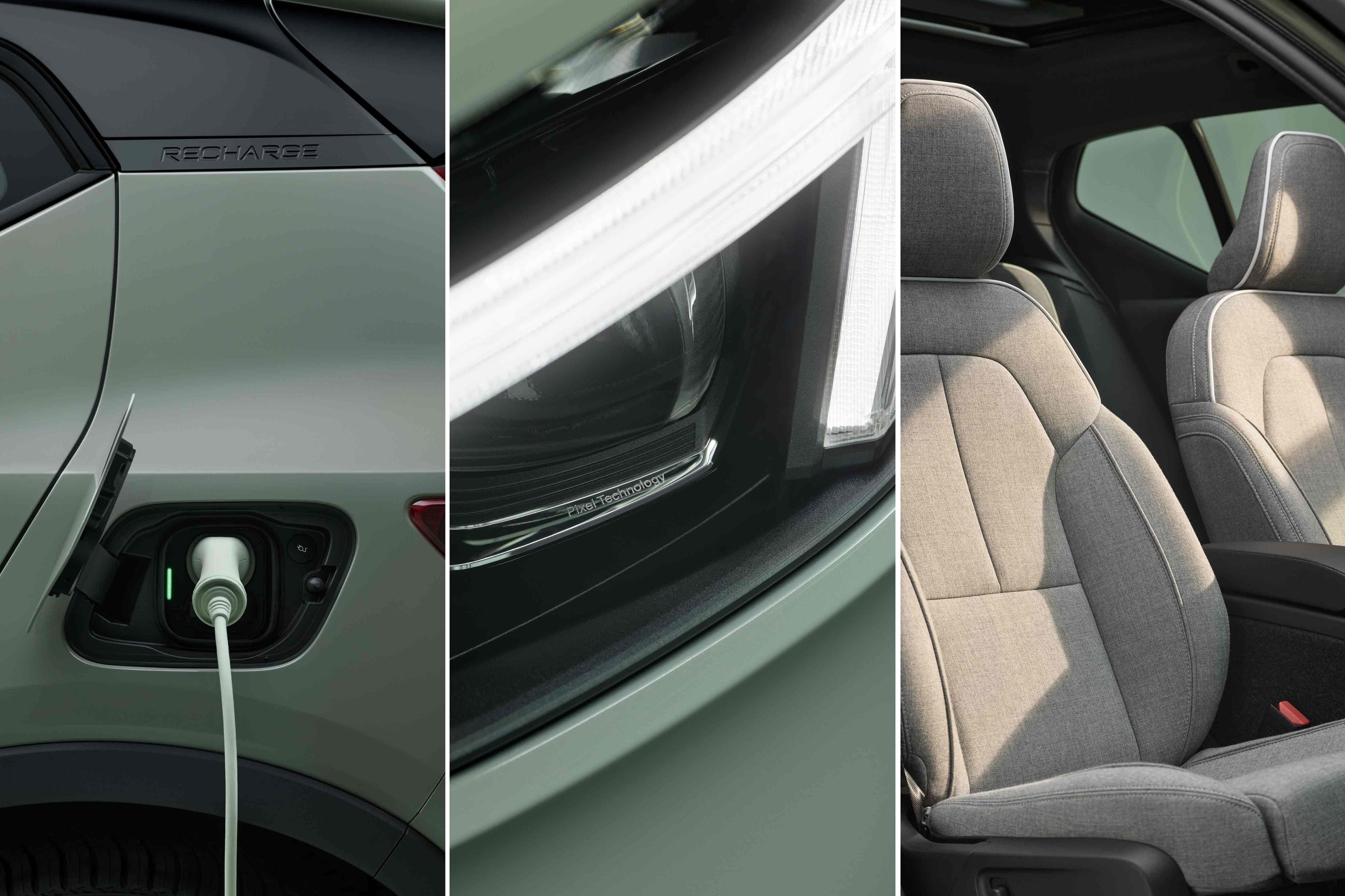 Kolme yksityiskohtaa vihreästä Volvo XC40:stä; Latauspistoke, etuvalo ja etupenkki.