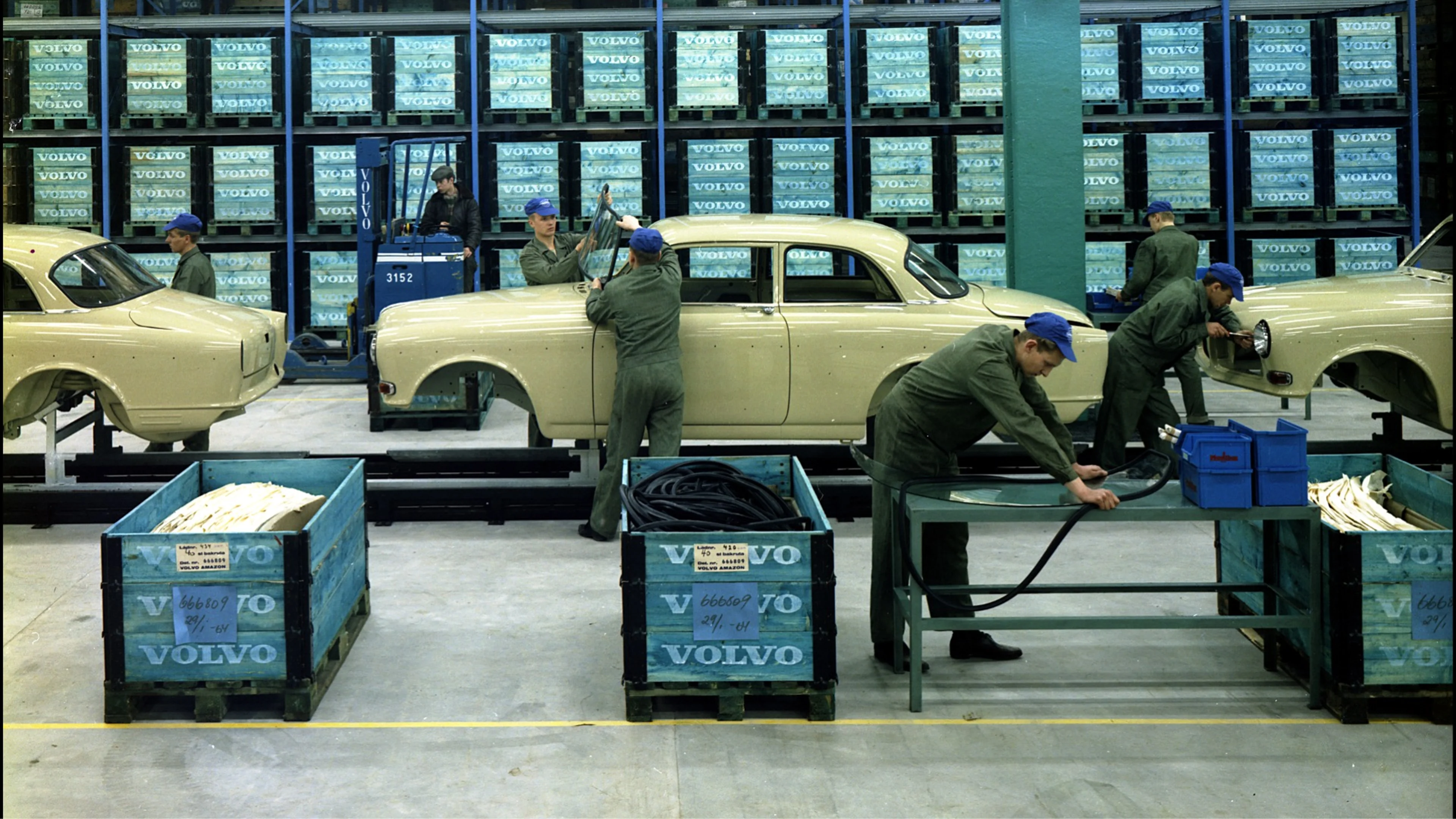 Volvo 1800 S being assembled at the Torslanda factory in the year 1964.