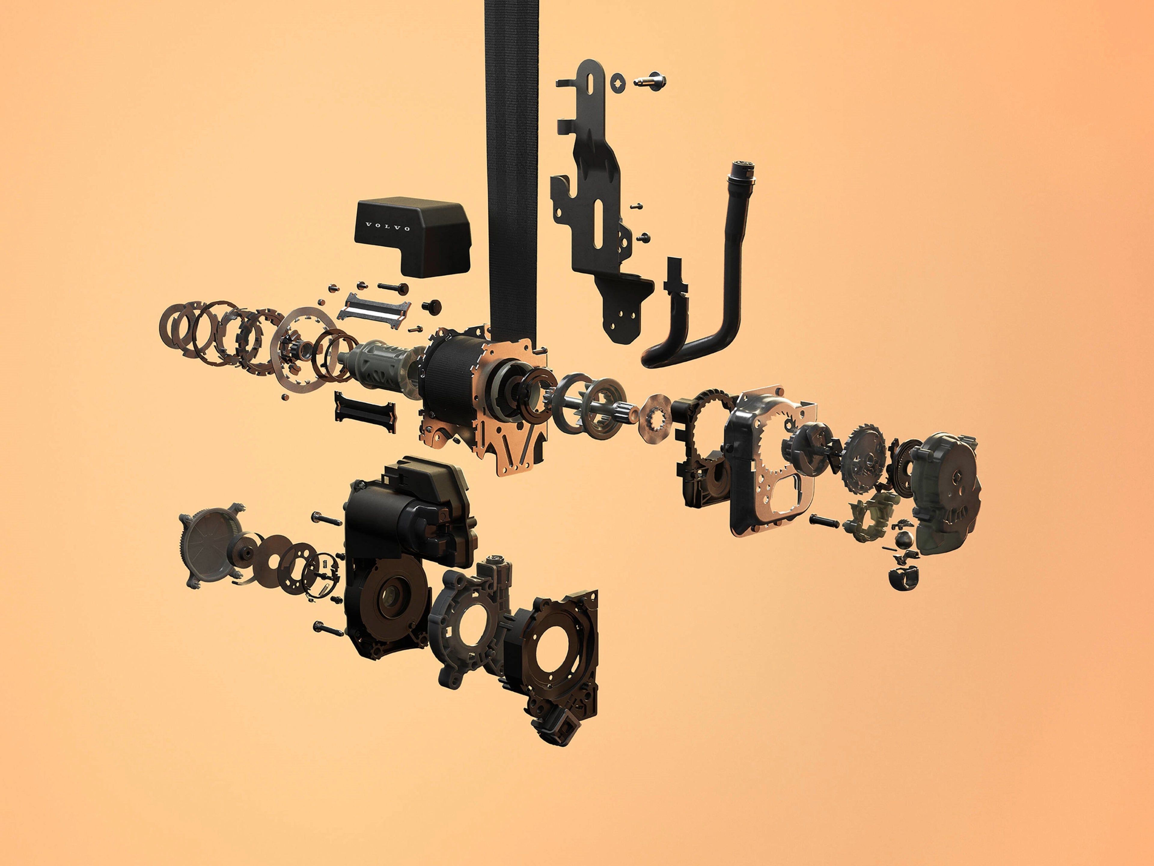 Componentes do cinto de segurança adaptativo separados, num fundo cor de laranja