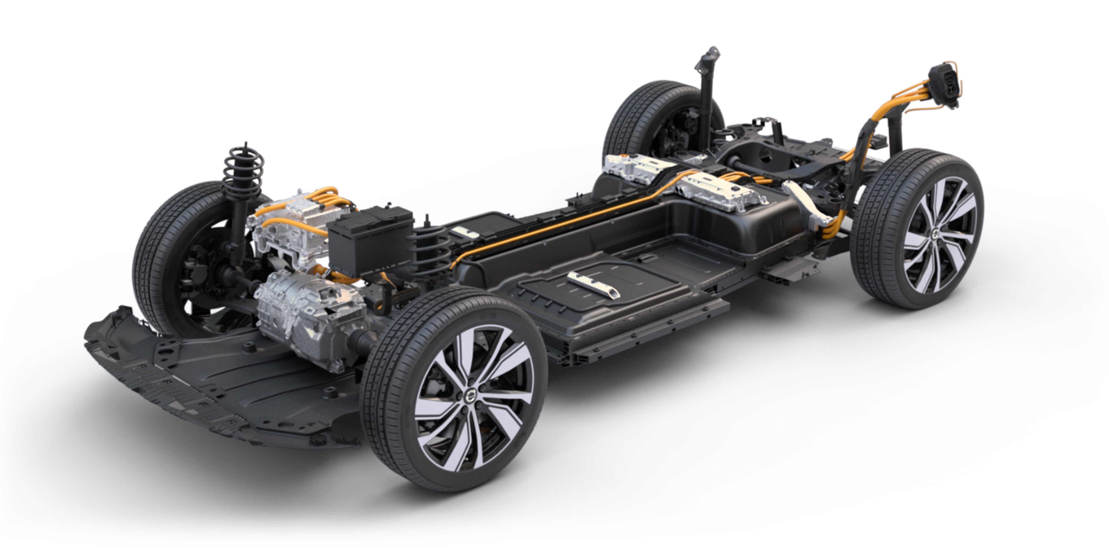 顯示電動車馬達和電池配置的的純電動 VOLVO 汽車 CMA 平台。