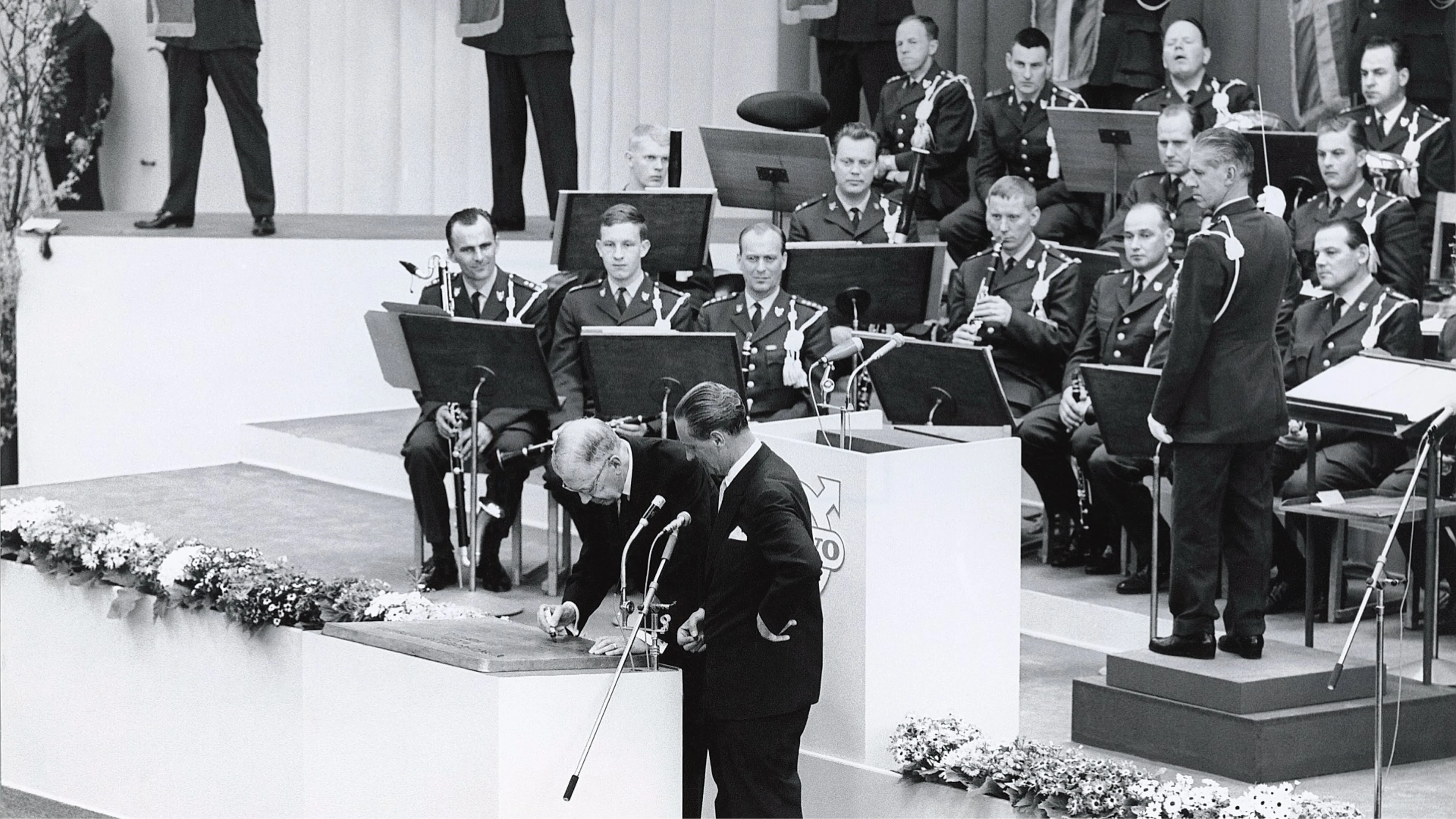 A black and which photo of an orchestra