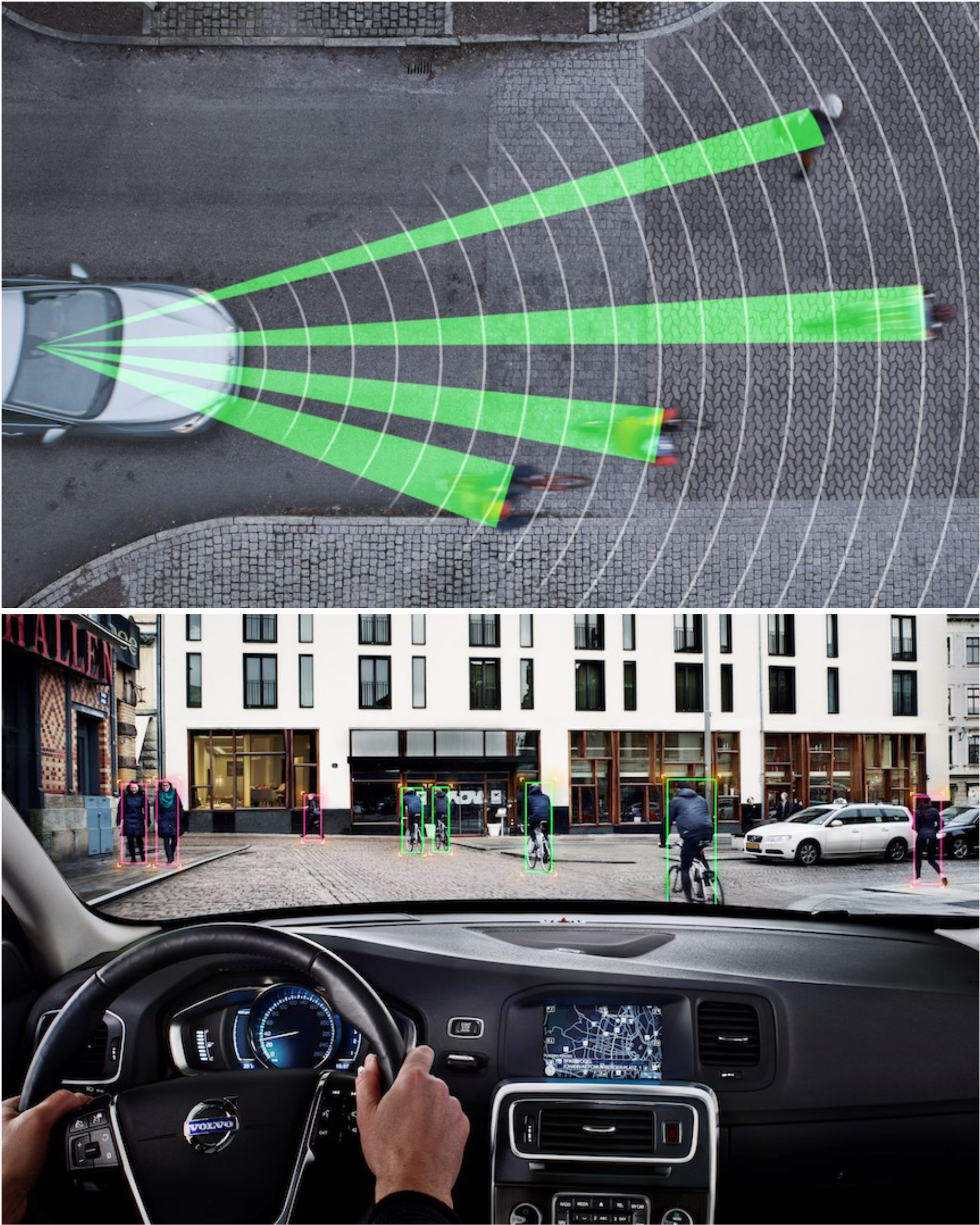 Notbremsassistent - Ausschnitt der Technologie im Fahrzeug und wie der Fahrer andere Verkehrsteilnehmer durch diese Technologie wahrnimmt.