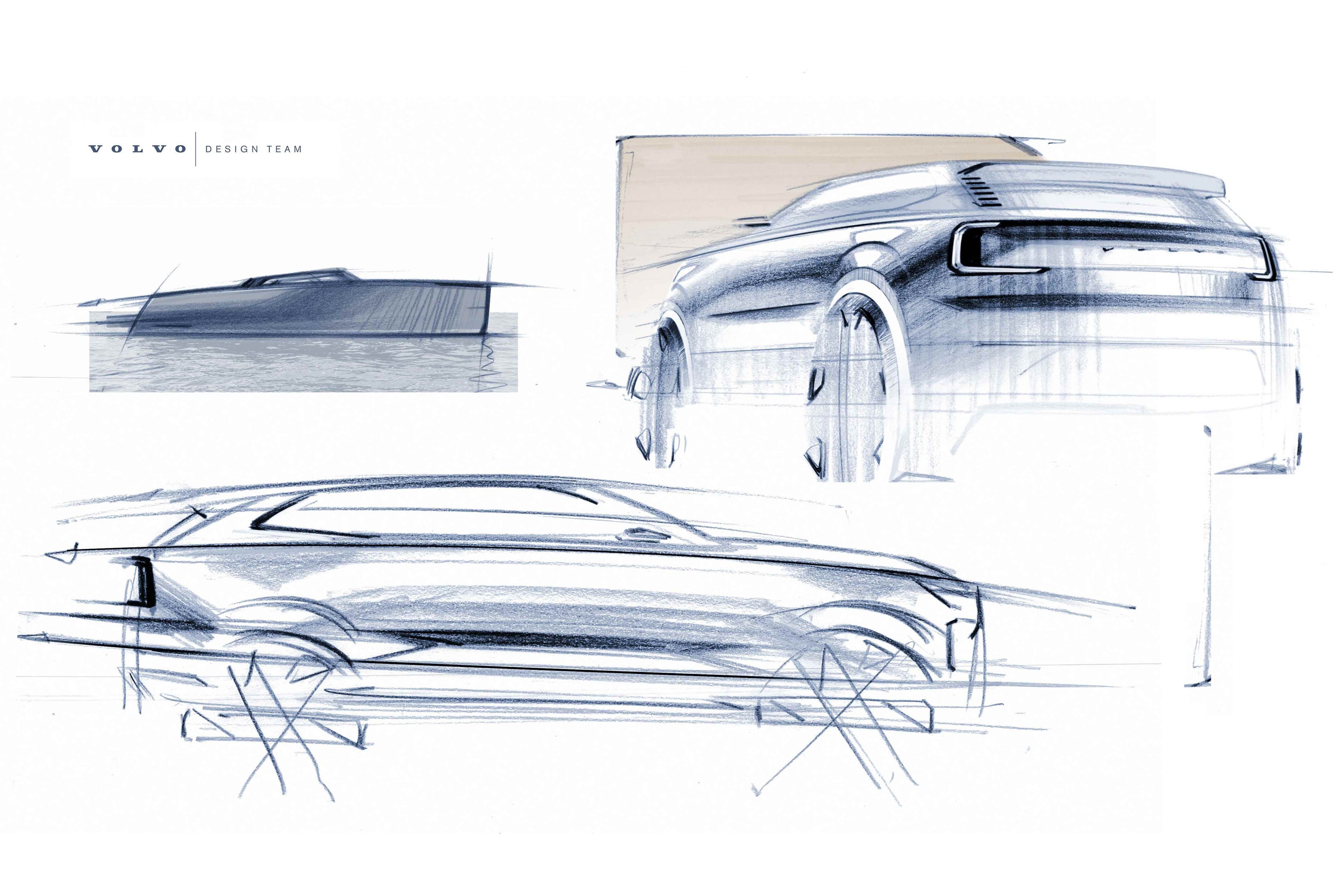 Pencil drawn sketches of Volvo EX90.
