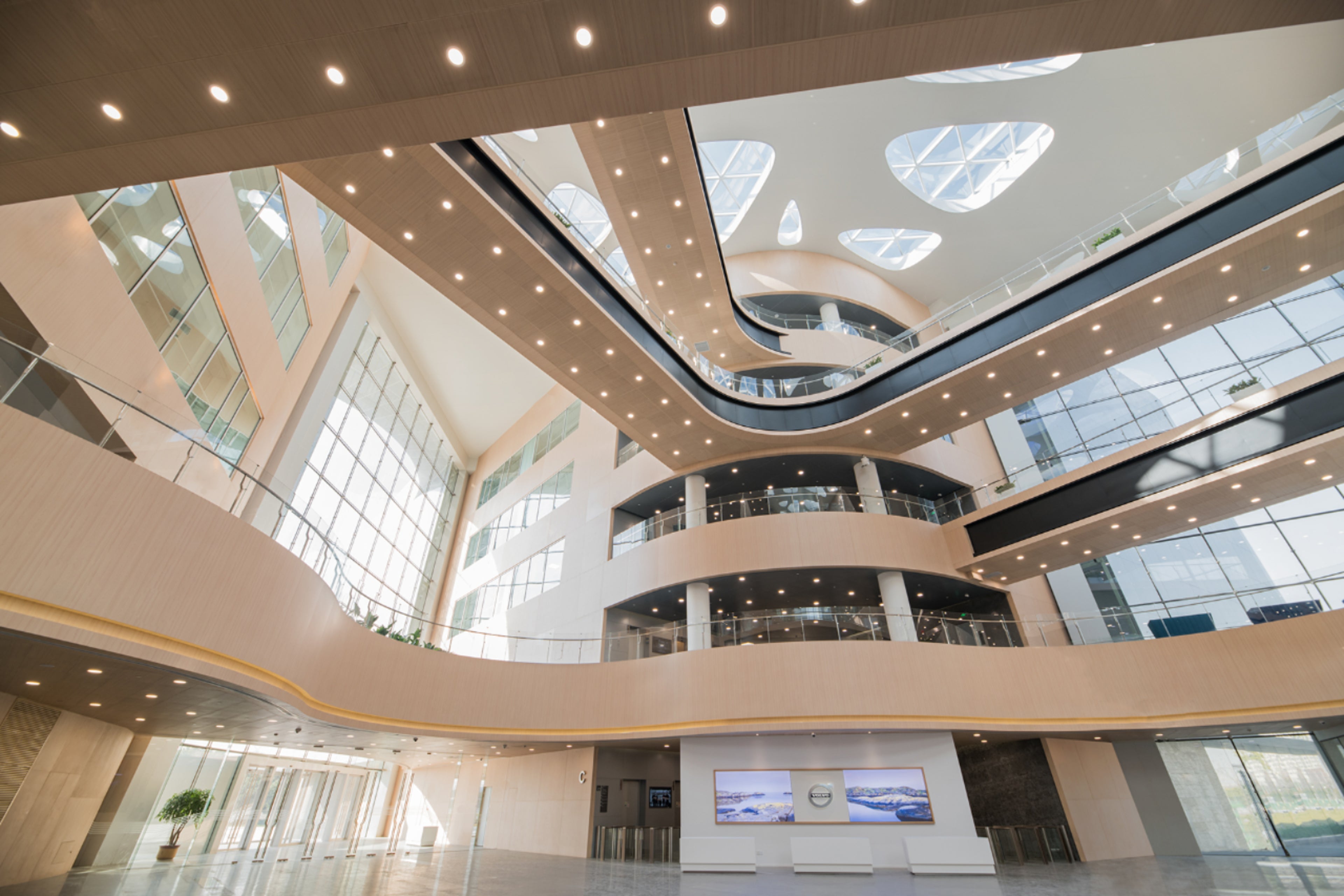 The main building interior of the Volvo Cars APAC campus in Shanghai, China.