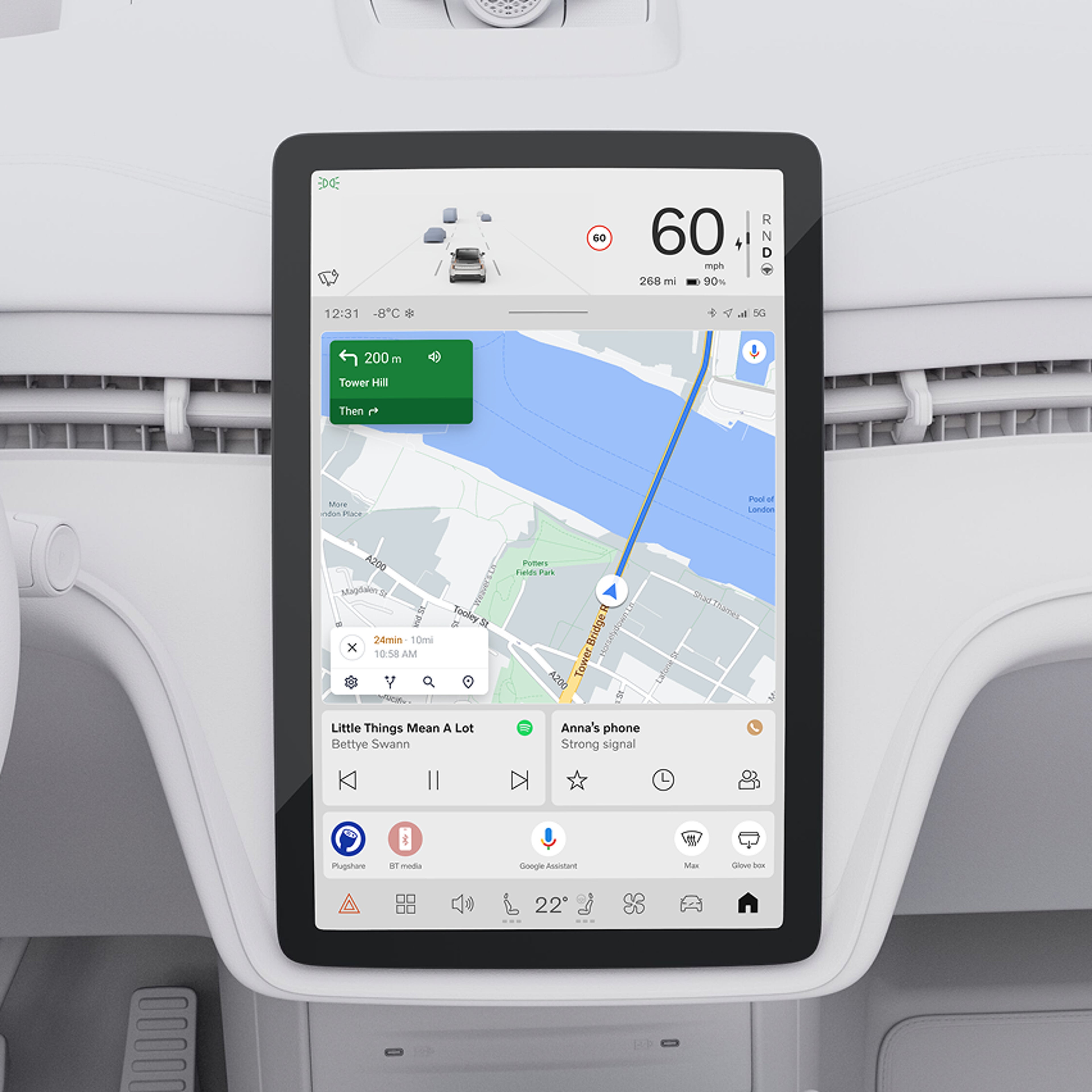 A Volvo car’s centre in-car display shows a Google Maps navigation
route, highlighting seamless trip planning from phone to vehicle
using a connected Google account.
