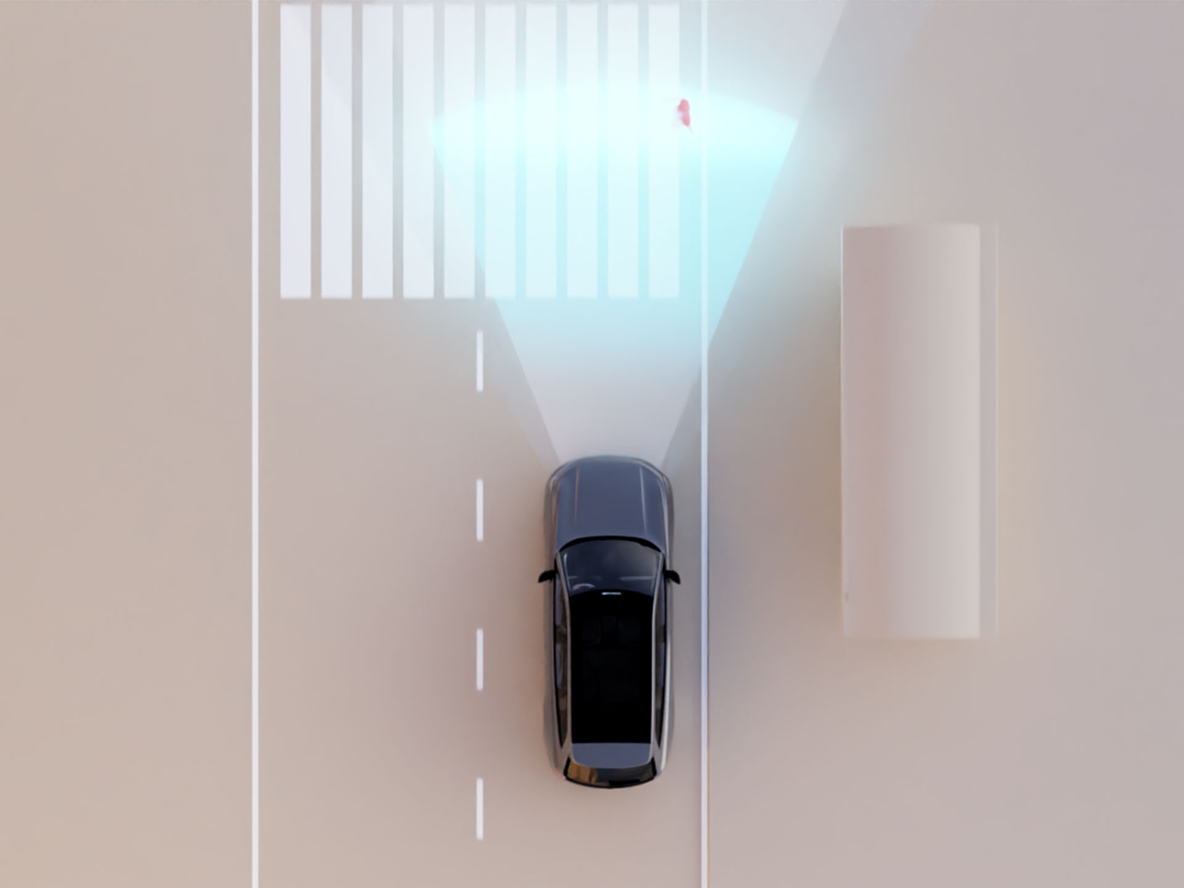 Volvo Carsのセンシング技術により横断歩道を歩く歩行者が検知されている様子を示したイラスト。