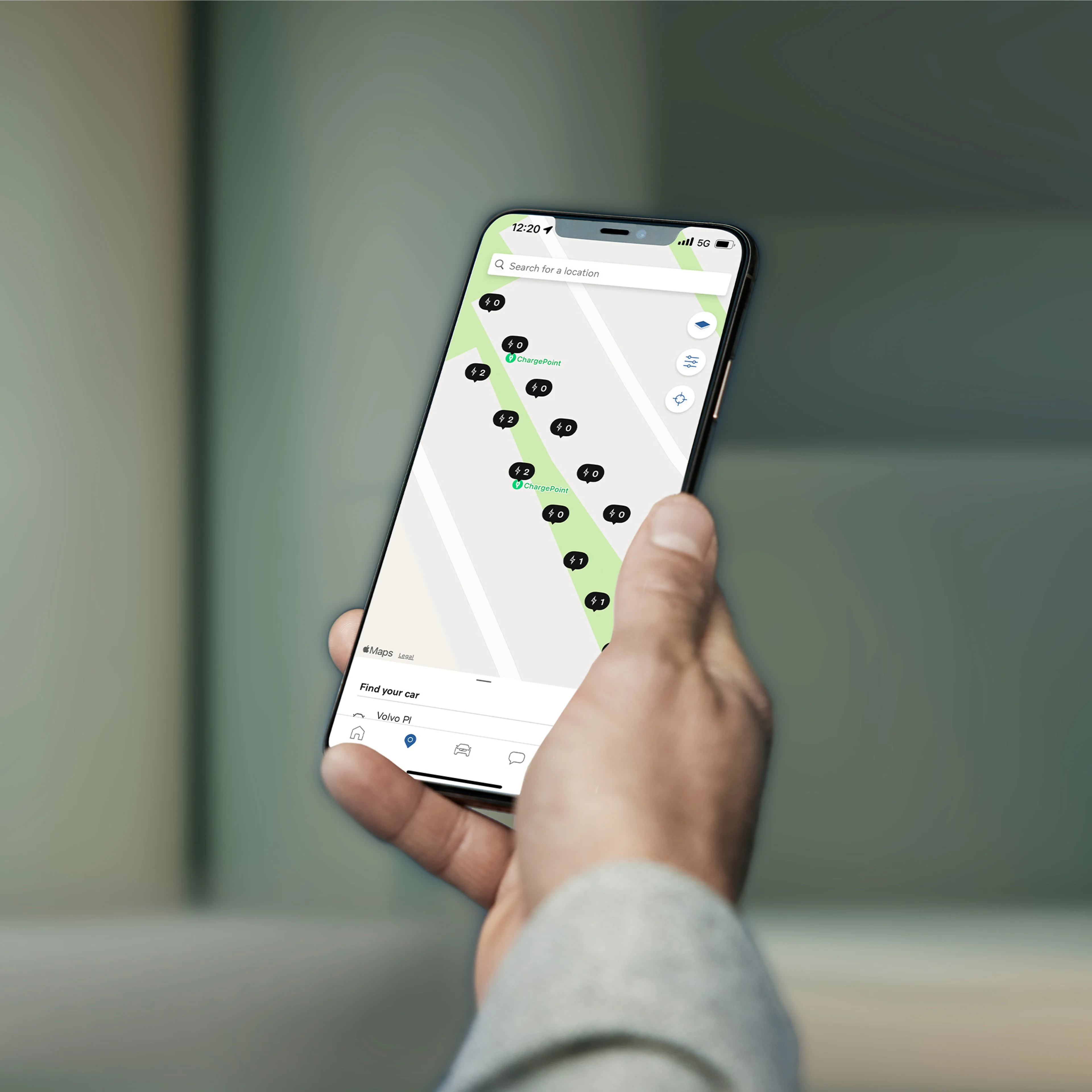 Volvo Cars app showing nearby electric car charging locations