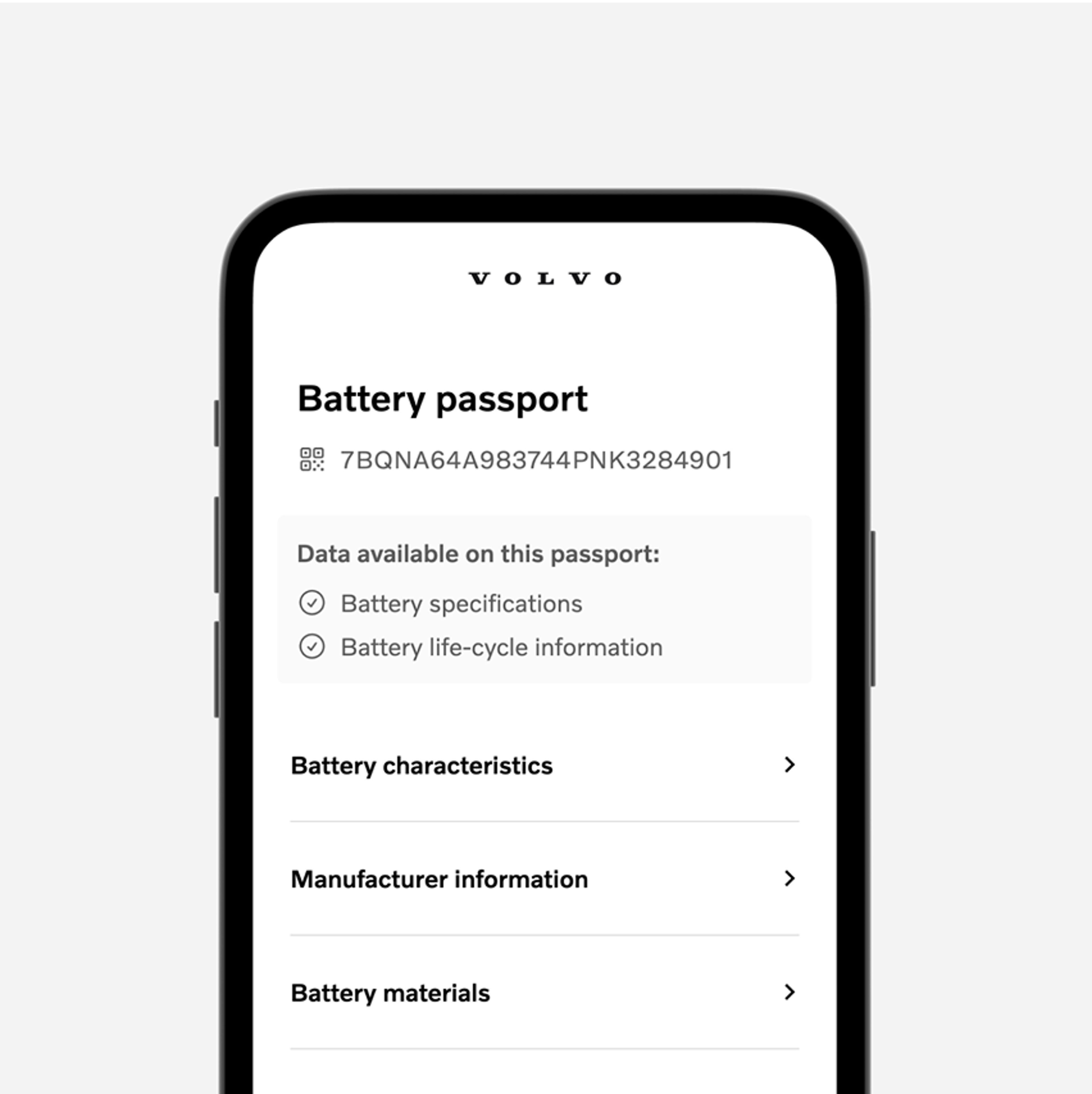 Rozhraní chytrého telefonu Volvo zobrazující digitální pas baterie se specifikacemi a informacemi o životním cyklu.