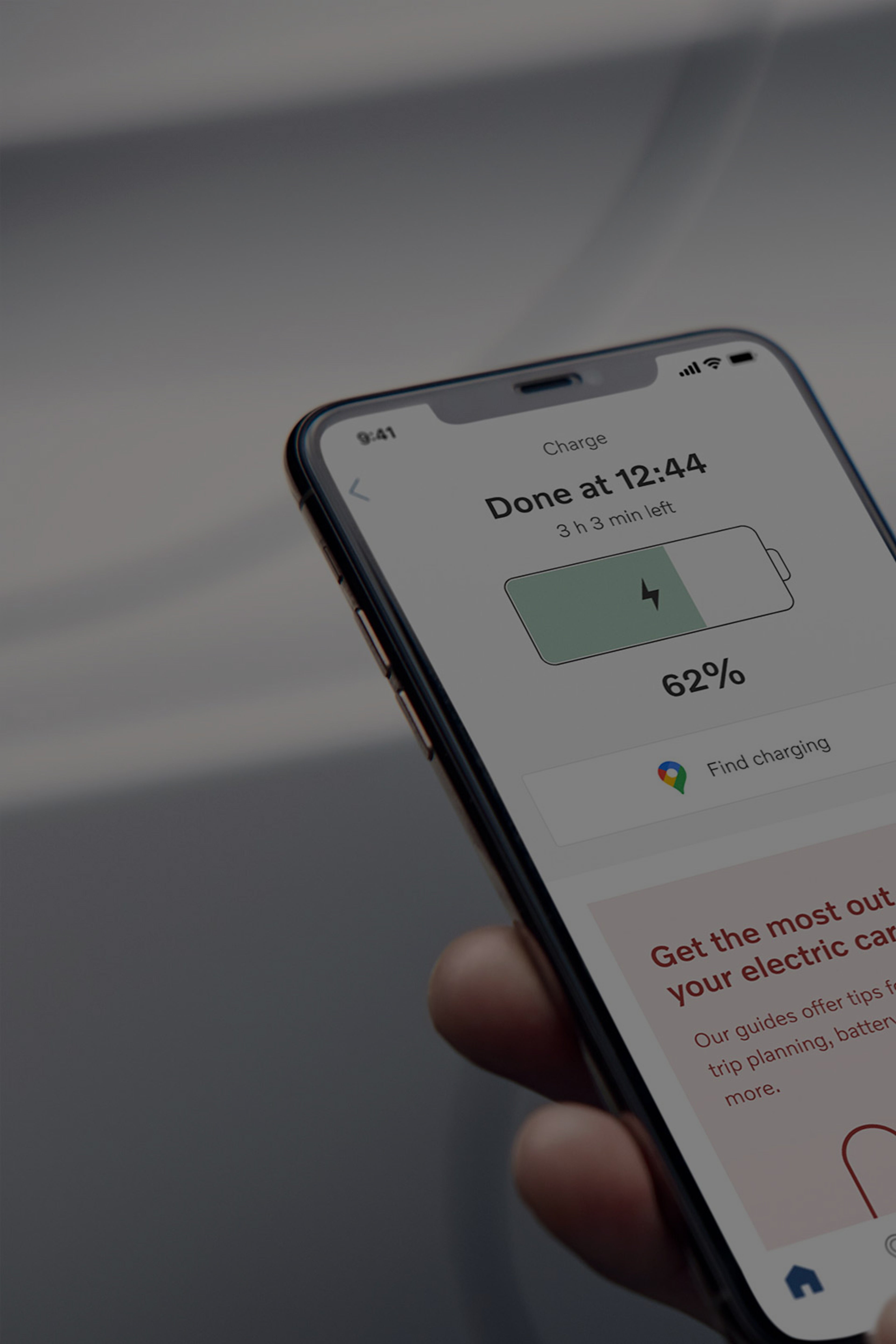 The Volvo Cars app showing the charge status on a smartphone.