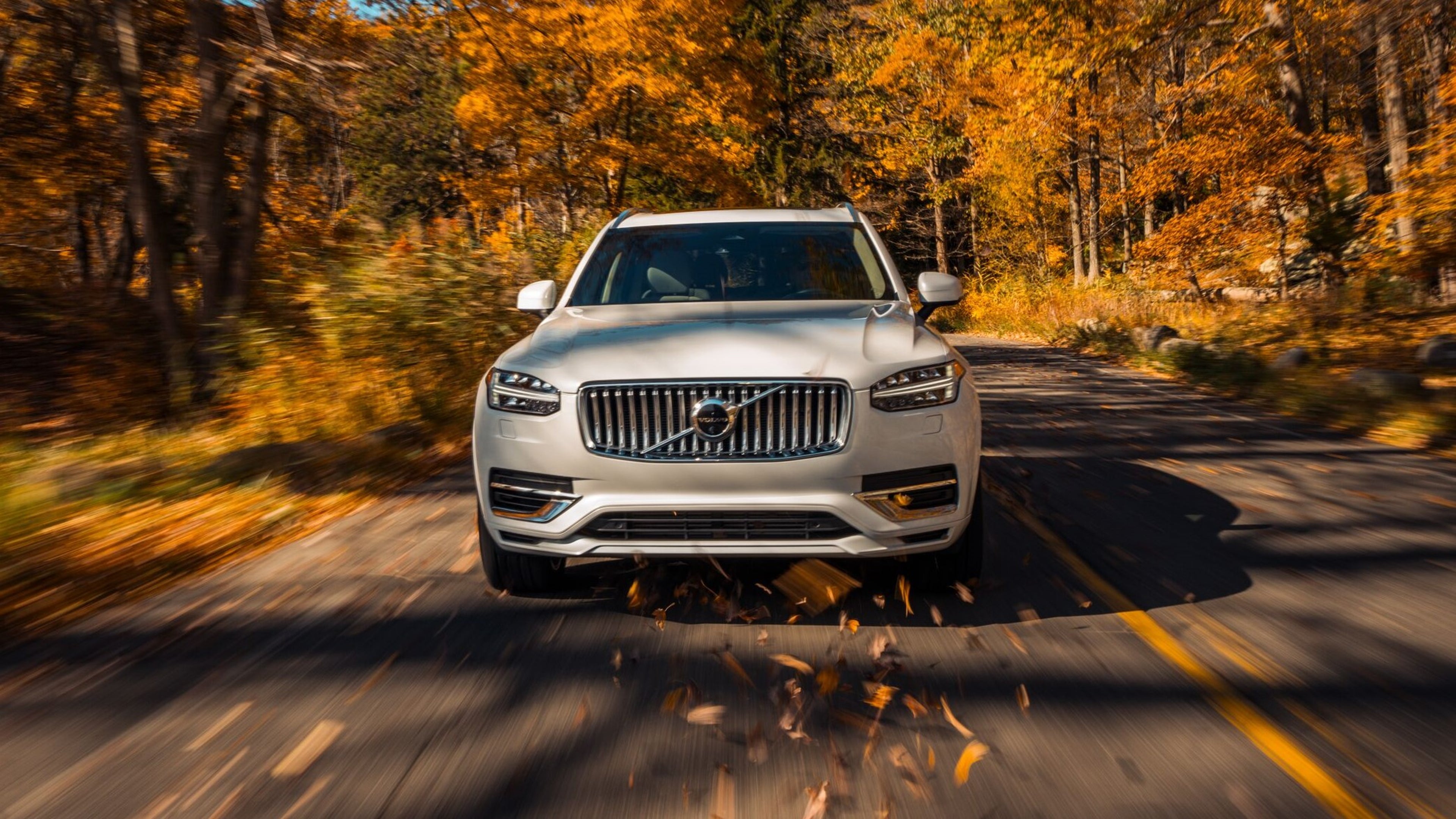 Volvo XC90 Driving on Scenic Road with Fall Leaves in background