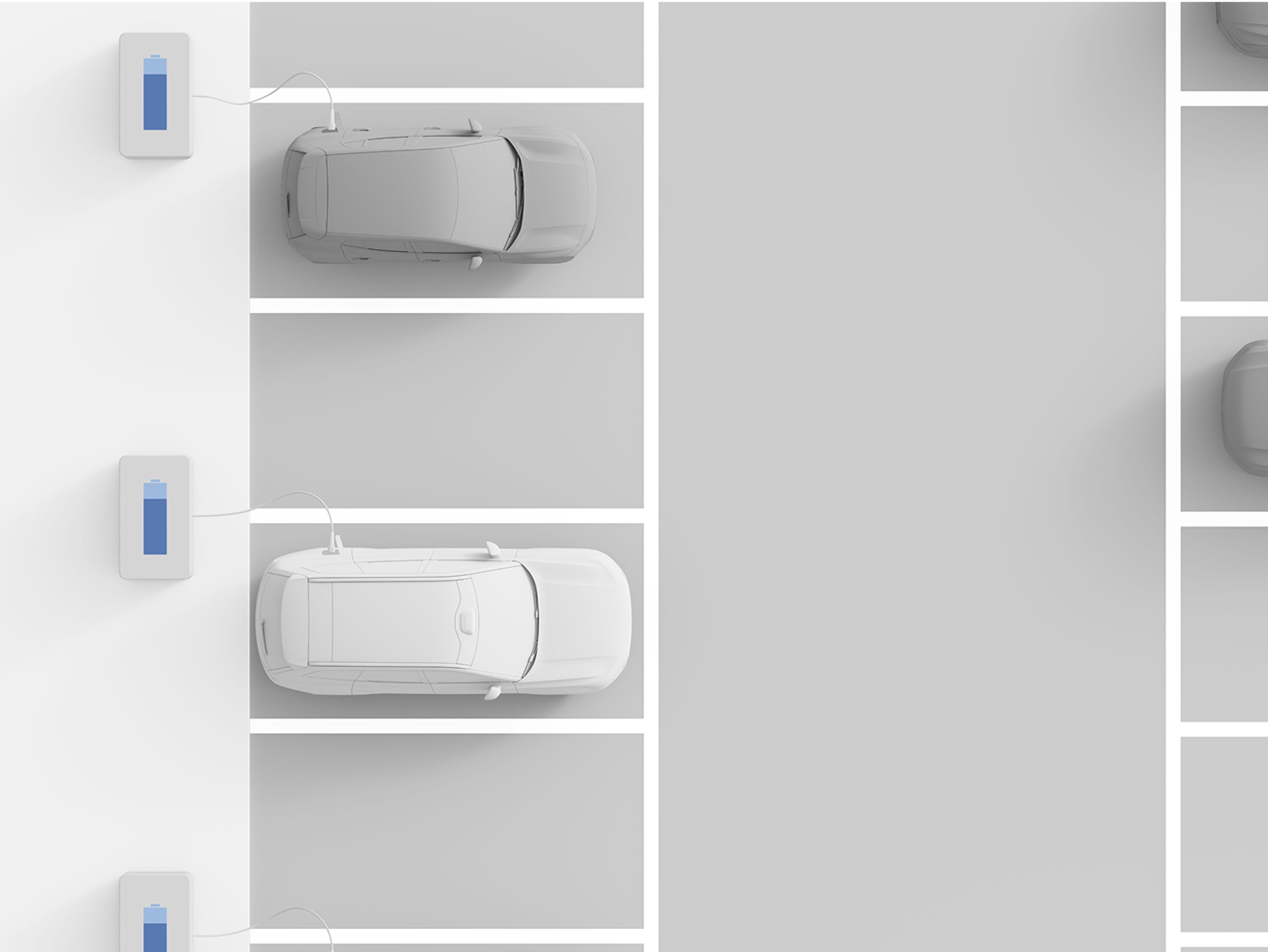 Visualisatie van bovenaf van twee auto's die op een parkeerplaats zijn aangesloten op een openbaar laadstation.