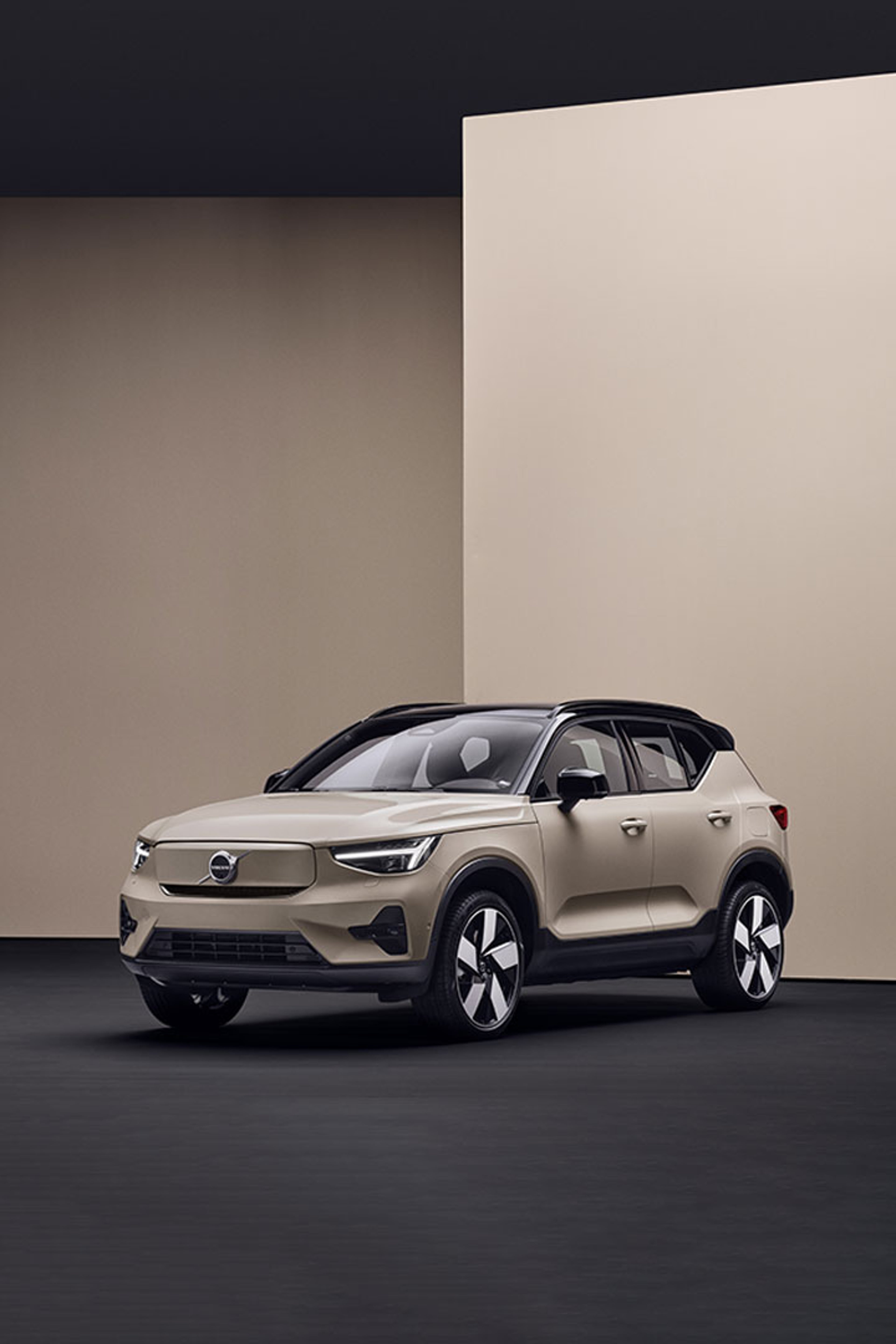 The front of a Volvo EX40 fully electric car.