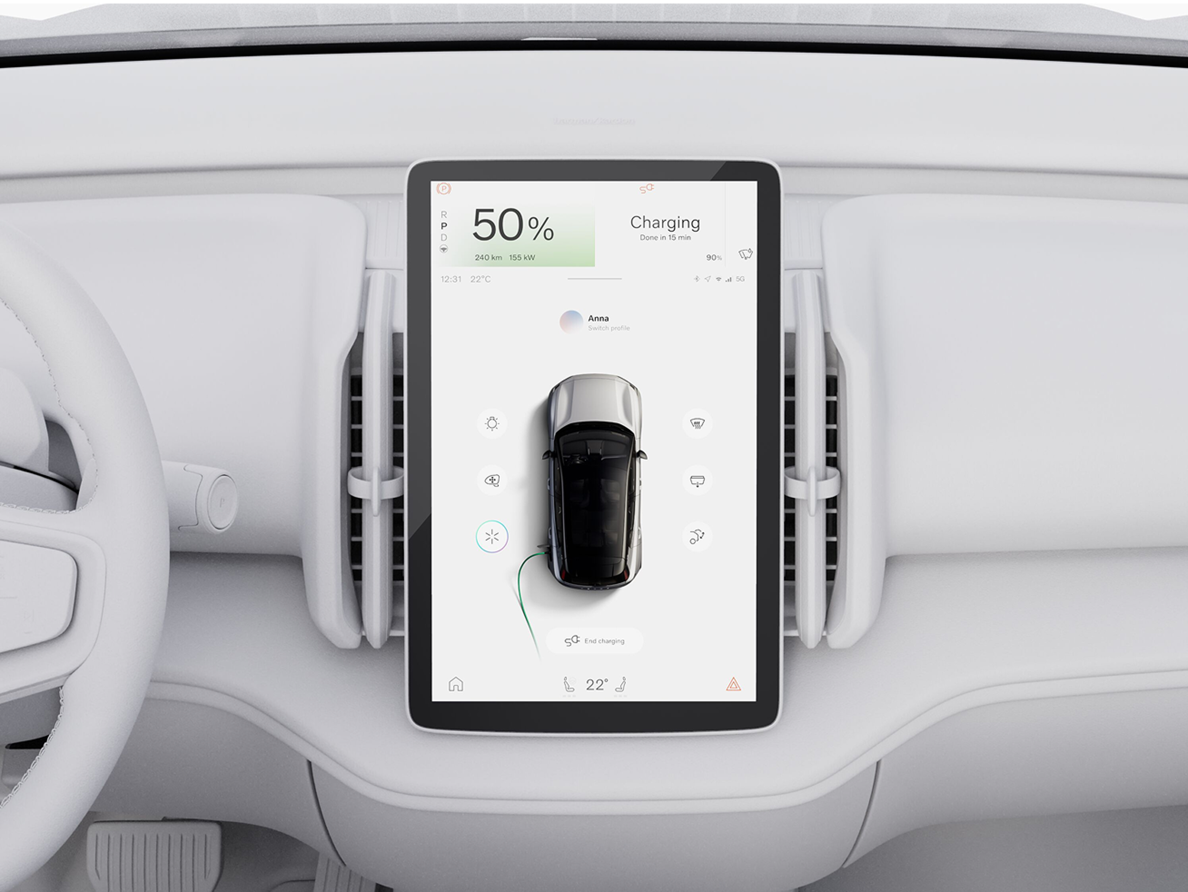Close-up of a central touchscreen showing a top-view graphic
of a vehicle charging, with battery at 50% and charging
details displayed on the screen.