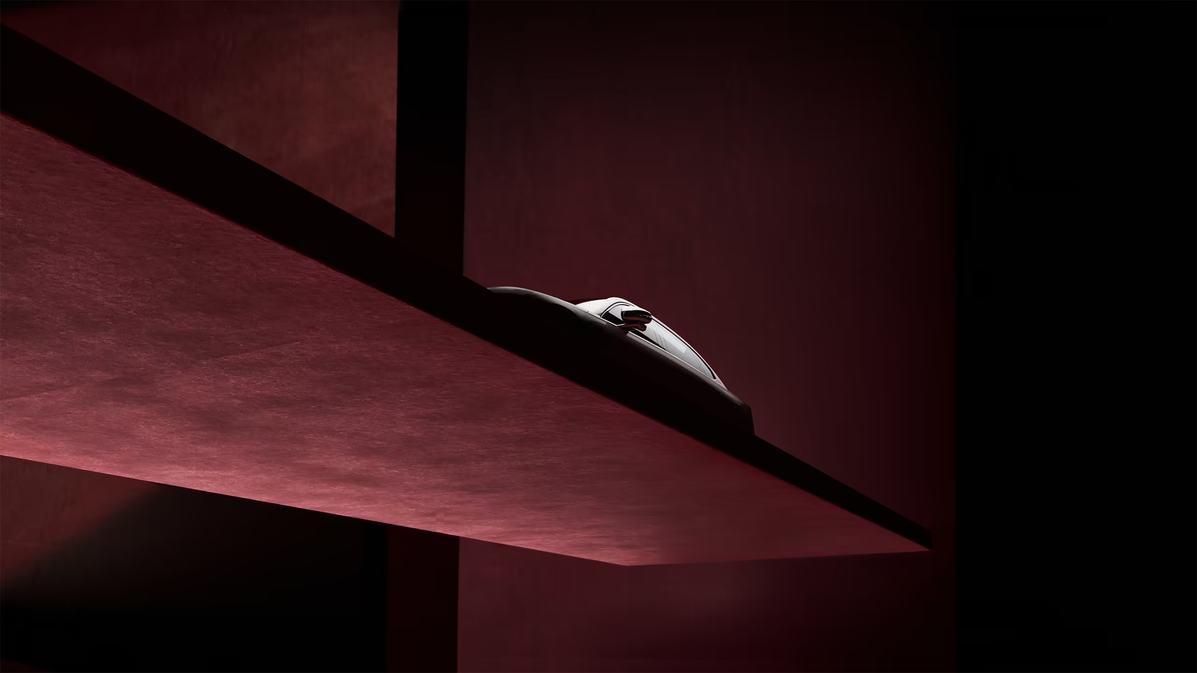 Illustration numérique d’une Volvo ES90 vue du dessous sur une plate-forme flottante, avec un fond rouge foncé.