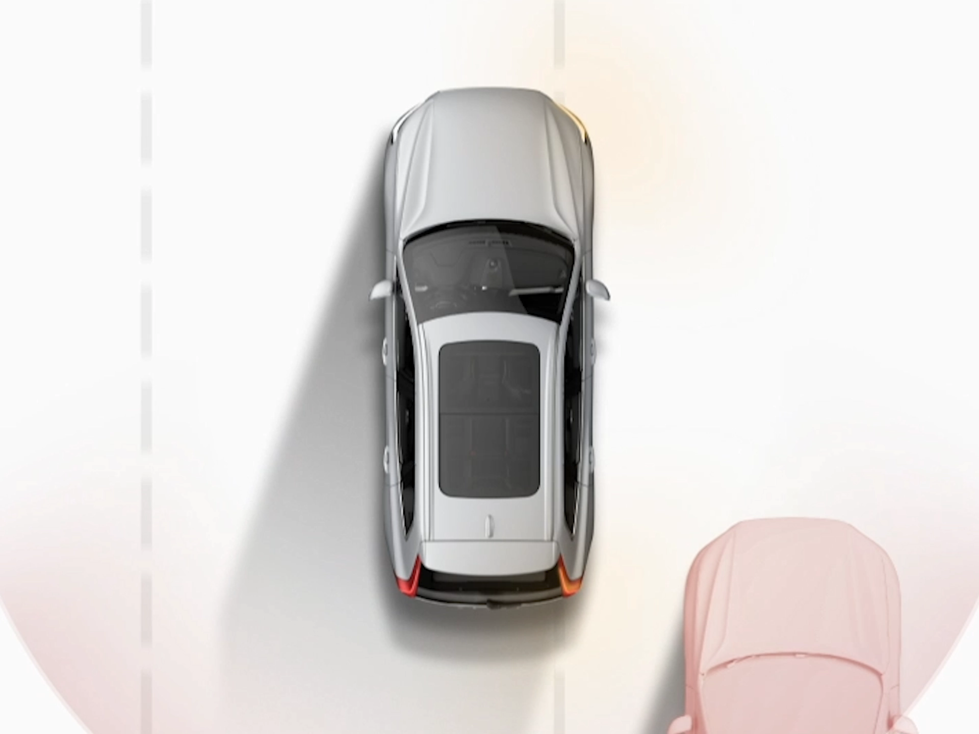 Илустрирана слика на Volvo автомобил виден одгоре, како вози покрај други возила.
