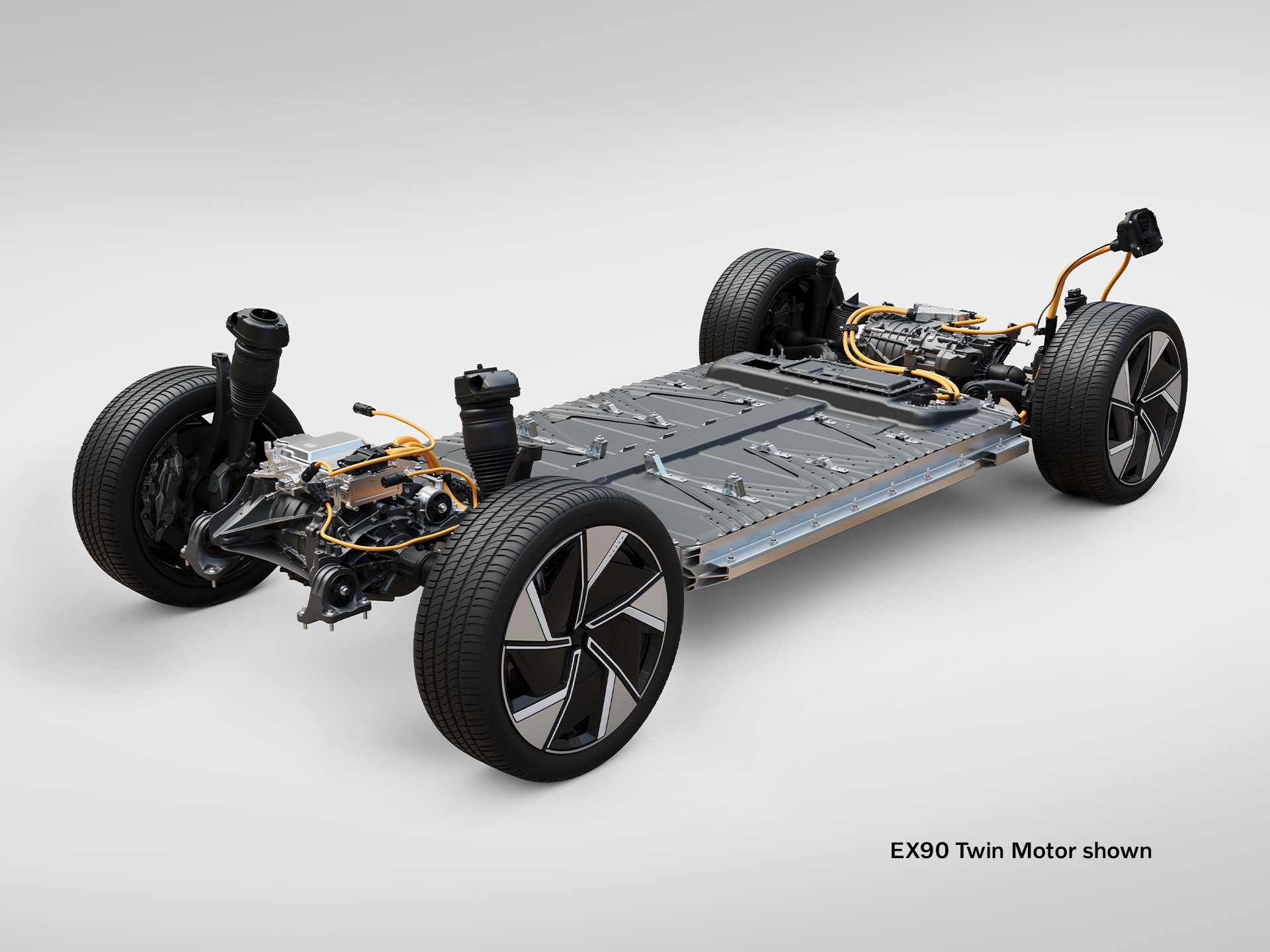 Imagen del chasis de motor doble, batería y motores eléctricos del Volvo EX90